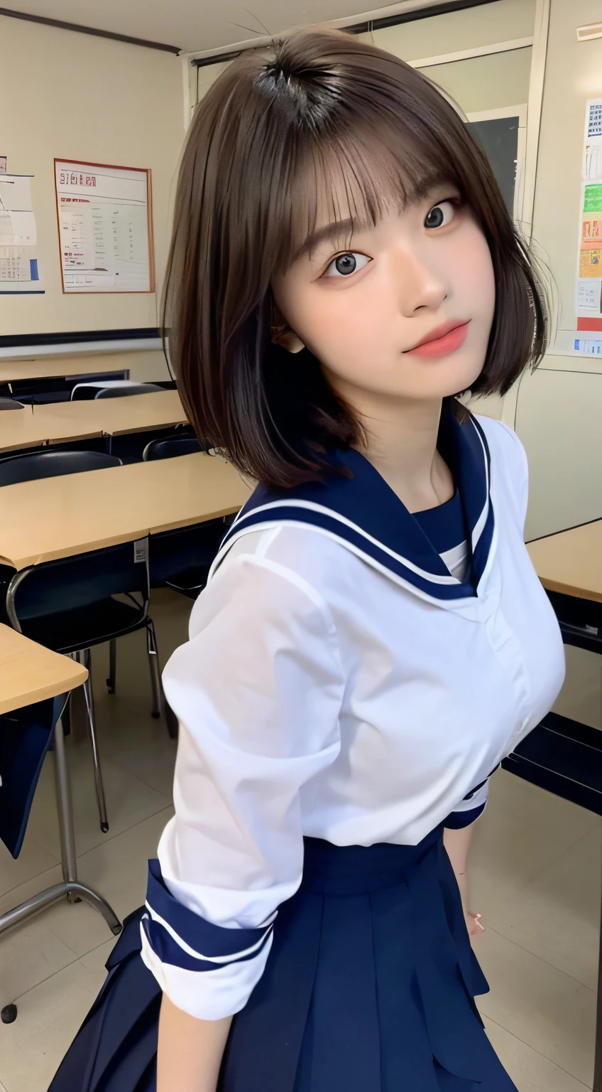 (Top Quality, 8K, Masterpiece: 1.3)), Focus: 1.2, Perfect Body Beauty: 1.8, Ass: 1.2, ((Layered Haircut, Breasts: 2.5)), Japan High School Girl, Sailor Suit Worn by Japan High School Students, JK, (School, Classroom), Highly Detailed Face and Skin Texture, Big Eyes, Tanuki Face, Double Eyelids, Whitened Skin, Shoot Cut, Narita International High School Uniform