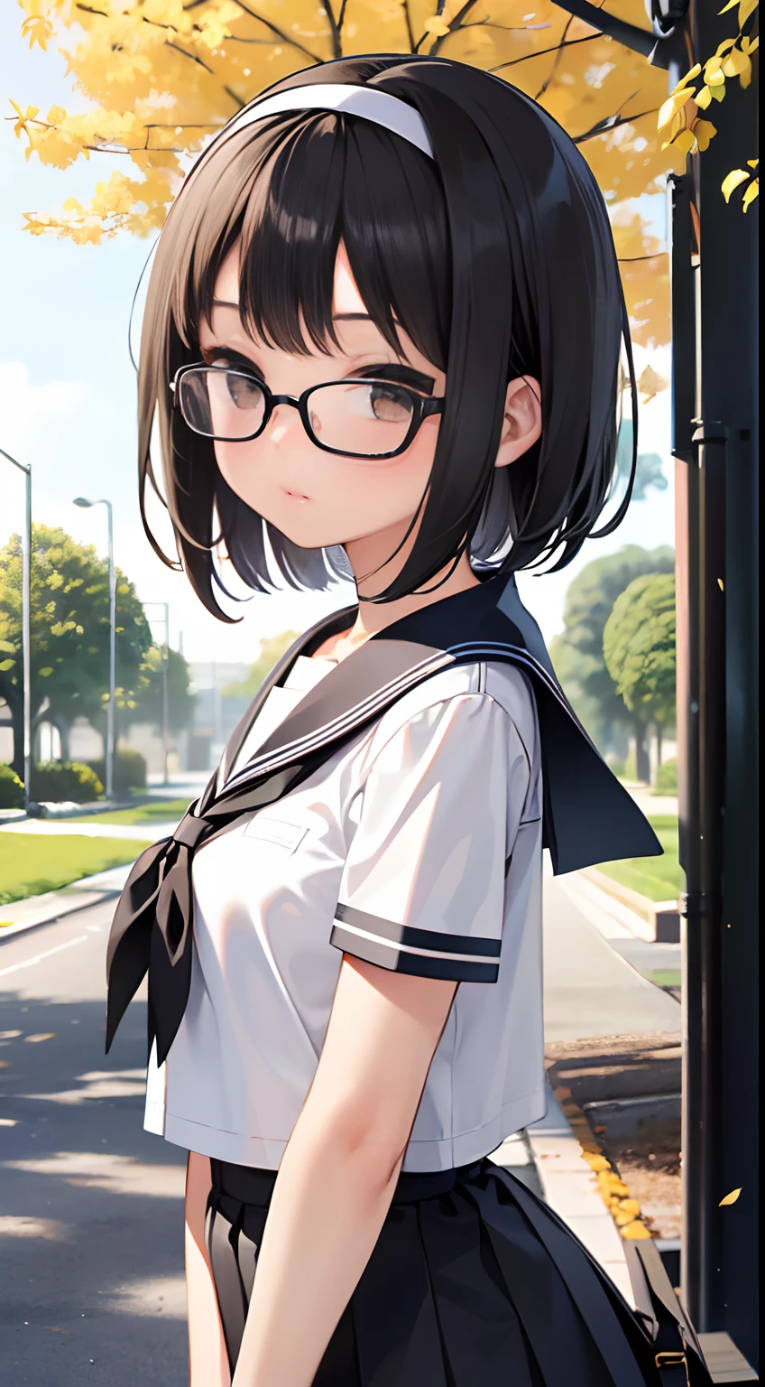 (Masterpiece, best quality, captures a super cute moment, depth of field, ultra detailed, ultra high resolution, C4D, Octadale, 3D modeling, 8k, 16k, one girls,a junior high school student, small-breasts,black-hair,short-hair,straight haired,Light brown eyes, horseshoe-shaped hairband,wearing black glasses,cute face)、a sailor suit、School route、Rows of autumn leaves