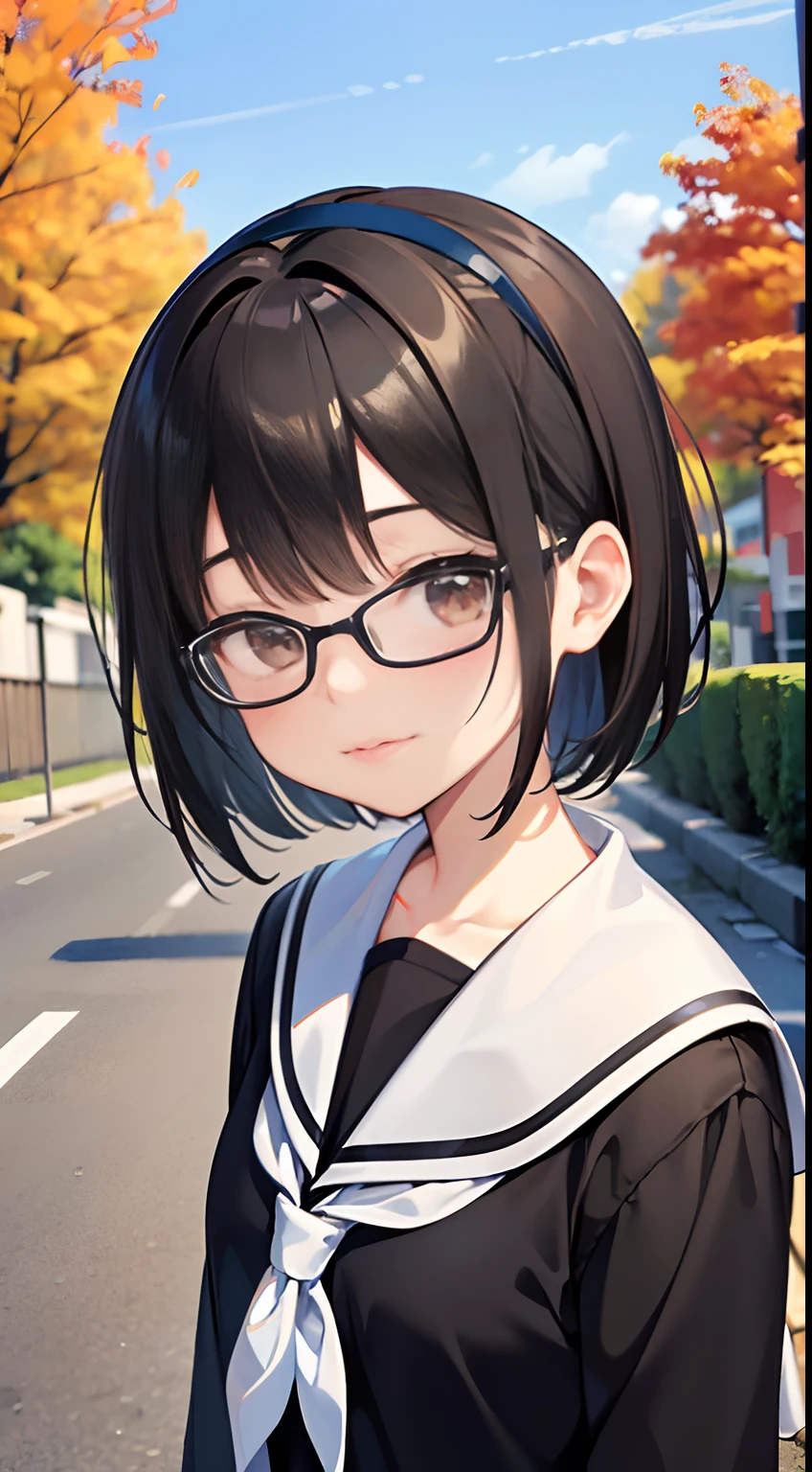 (Masterpiece, best quality, captures a super cute moment, depth of field, ultra detailed, ultra high resolution, C4D, Octadale, 3D modeling, 8k, 16k, one girls,a junior high school student, small-breasts,black-hair,short-hair,straight haired,Light brown eyes, horseshoe-shaped hairband,wearing black glasses,cute face)、a sailor suit、School route、Rows of autumn leaves