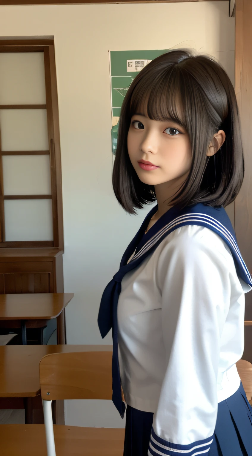 (Top Quality, 8K, Masterpiece: 1.3)), Focus: 1.2, Perfect Body Beauty: 1.8, Ass: 1.2, ((Layered Haircut, Breasts: 2.5)), Japan High School Girl, Sailor Suit Worn by Japan High School Students, JK, (School, Classroom), Highly Detailed Face and Skin Texture, Big Eyes, Tanuki Face, Double Eyelids, Whitened Skin, Shoot Cut