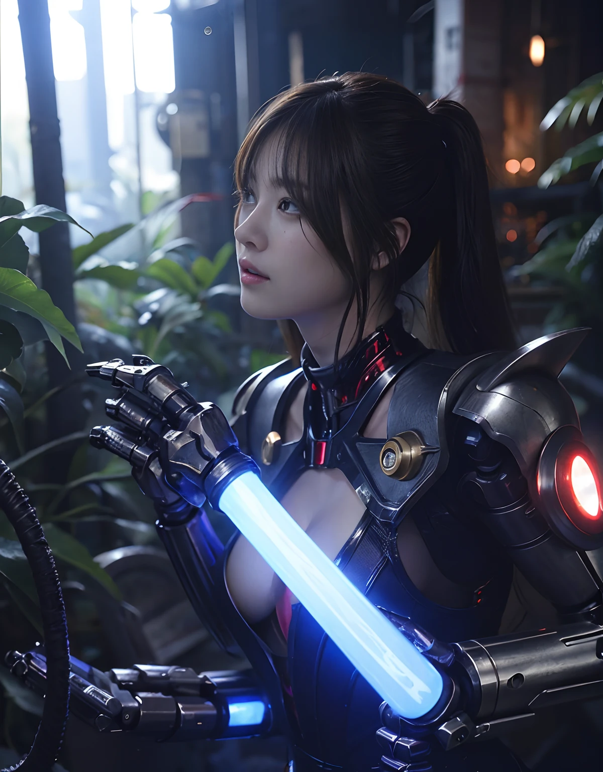 (1 Mechanical Girl)、top-quality、​masterpiece、超A high resolution、(Photorealsitic:1.4)、Raw photo、女の子1人、Fight mutants、glowy skin、(((1 Mechanical Girl)))、With a beautiful knife、（Blue Metal Bodysuit）、（Fight fiercely against aliens）、Fight fiercely、(beautiful forest background)、(Fighting Demonic Beasts)、(Small LED)、((super realistic details))、portlate、(Strong giant demon beast background),globalillumination、Shadow、octan render、8K、ultrasharp、Colossal tits、Raw skin is exposed in cleavage、metals、Details of complex ornaments、Japan details、highly intricate detail、Realistic light、(Mystical expression),CGSoation Trends、Red Eyes、radiant eyes、Facing the camera、neon details、(Mechanical limbs)、(blood vessels connected to tubes)、Mechanical vertebrae attached to the back、mechanical cervical attaching to neck、(Wires and cables connecting to the head)、Gundam、Small LED、,Mechanical thighs、Toostock、（Hands are also made of machines）、（Attack of the Monster Beasts）、（Wounded in a deadly battle）、