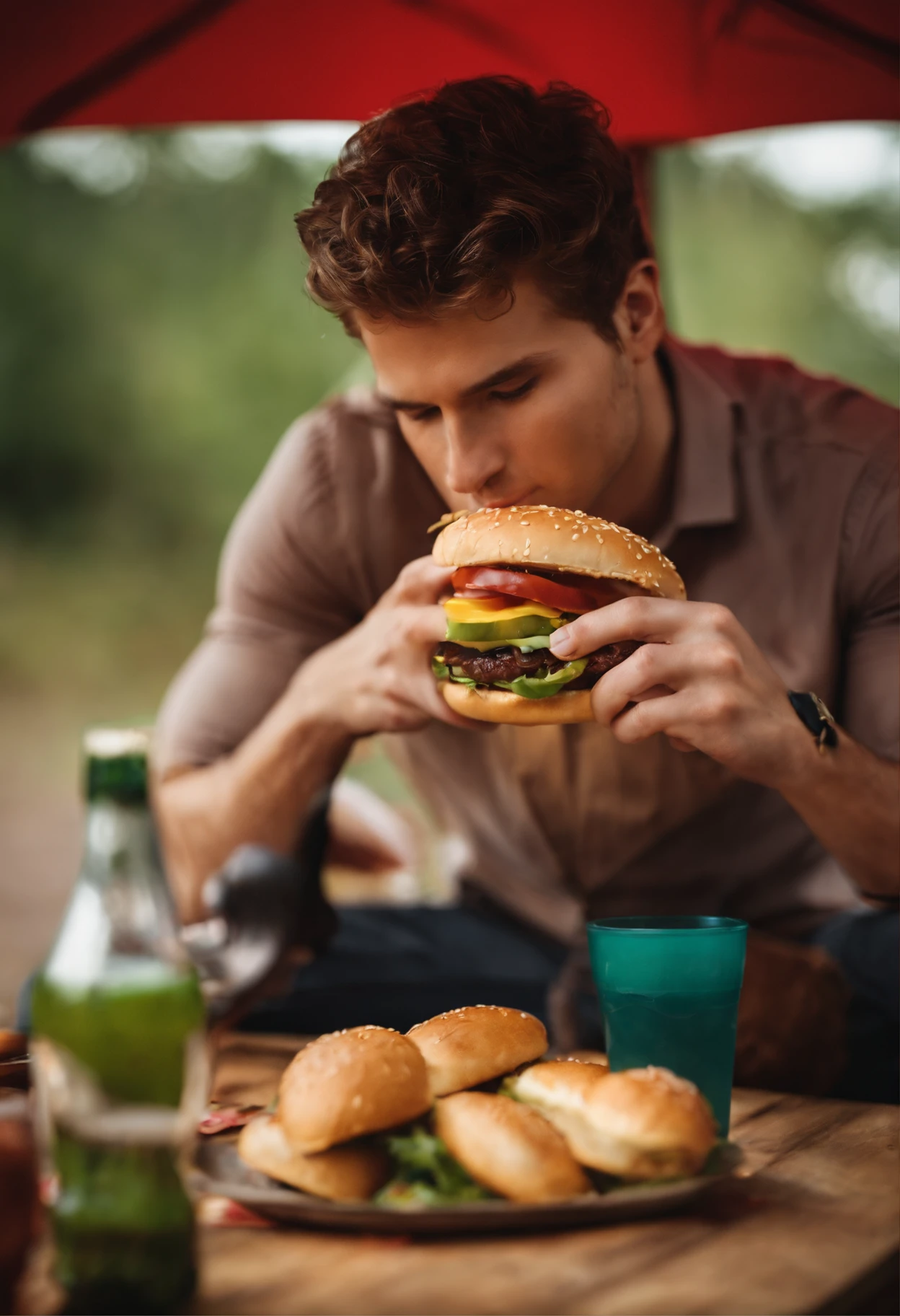 Take a picture of Nathan eating a hamburger