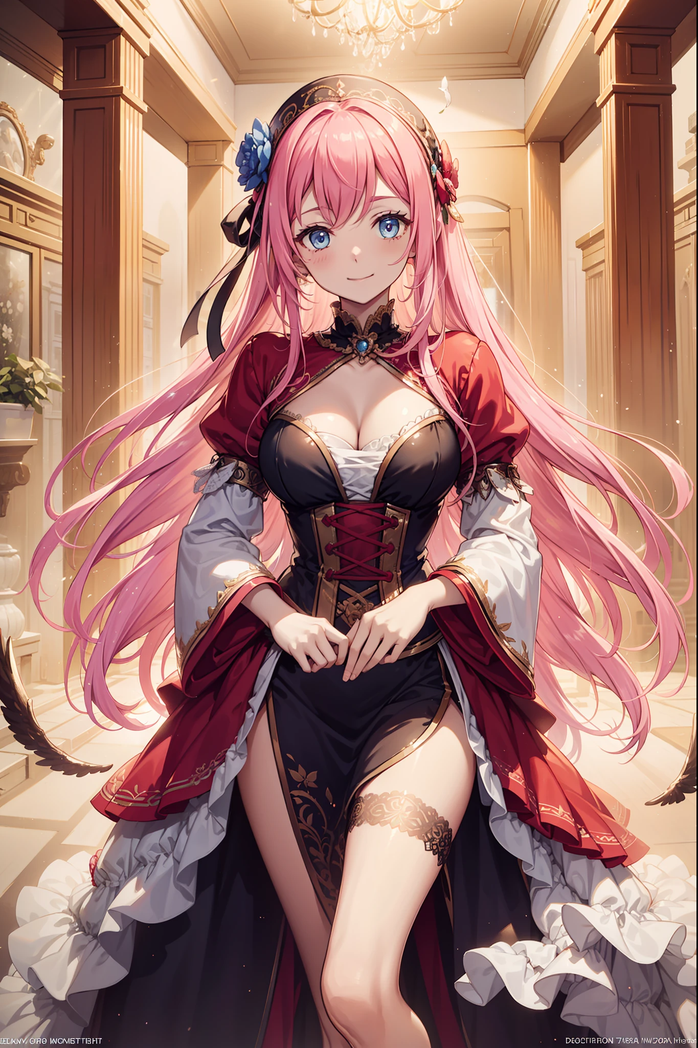 teens girl，Enchanted，Divine happiness，Being in love，(Light Victorian dress)，Pink hair，eBlue eyes，Maximalism，Multiple layers of delicate ruffles，Lots of lace，Multi-color band，Delicate embroidery，Delicate pattern，Fabric headdress，exquisite costumes，transparent costume，Western-style courtyard，the night，glittery，(Dazzle:1.1)，Movie lighting，the night，solo person，Fluttering skirt