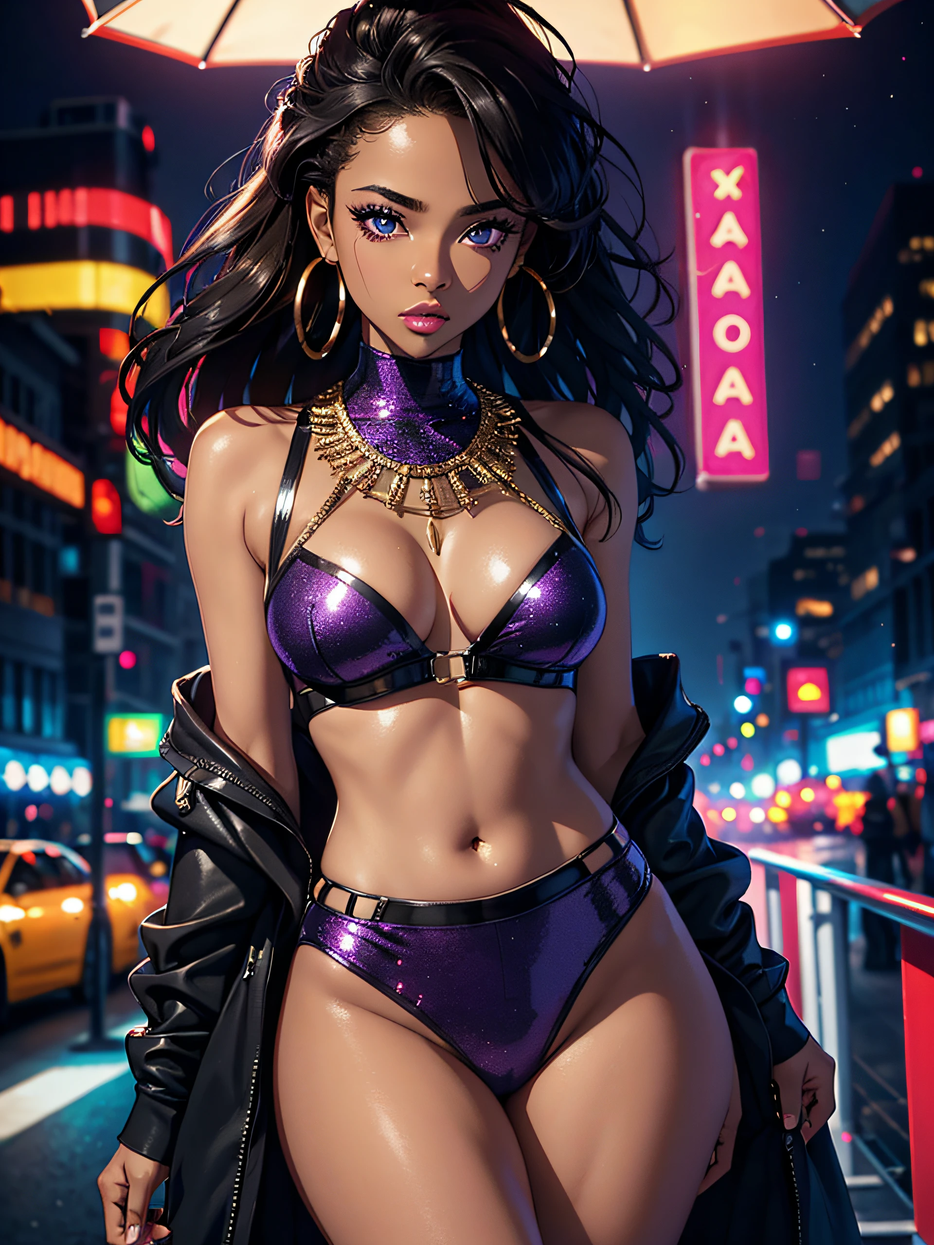 Top Quality, Photorealistic, 8K, High Definition, absurd res, high res, ultra sharp, masterpiece, (masterpiece), best quality, expressive eyes, perfect face, Super eyes, African deity, glossy lips, purple glitter eyeshadow, glamour model, confident woman, slim, black textured hair, hoop earrings, dark skin, light-brown eyes, glowing skin, on the runaway, cameras, flashing lights. modern,