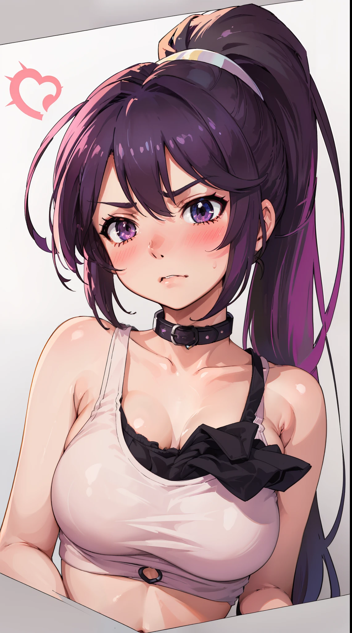 Jibril, ((upper body)), blushed, perfect anatomy, detailed eyes, detailed lips, extremely detailed eyes and face, vivid colors, sharp focus, masterpiece:1.2, ultra-detailed, blushed, ((doggystyle)), (solo), ((cropped tank top)), sleeveless, ((((ponytail)))), (((disdain, disgust))), ((black collar))
