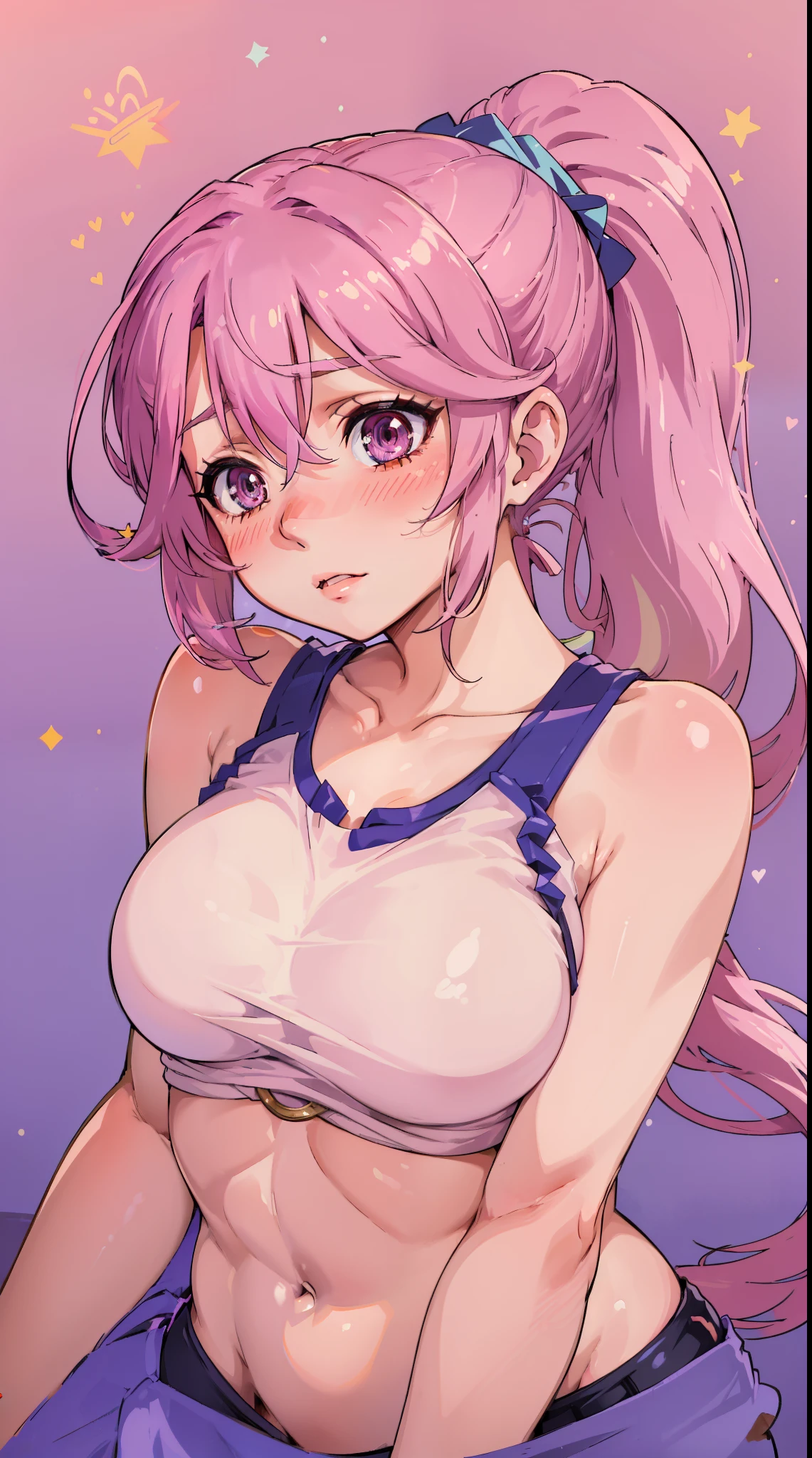 Jibril, ((upper body)), blushed, perfect anatomy, detailed eyes, detailed lips, extremely detailed eyes and face, vivid colors, sharp focus, masterpiece:1.2, ultra-detailed, blushed, ((doggystyle)), (solo), ((cropped tank top)), sleeveless, ((((ponytail))))