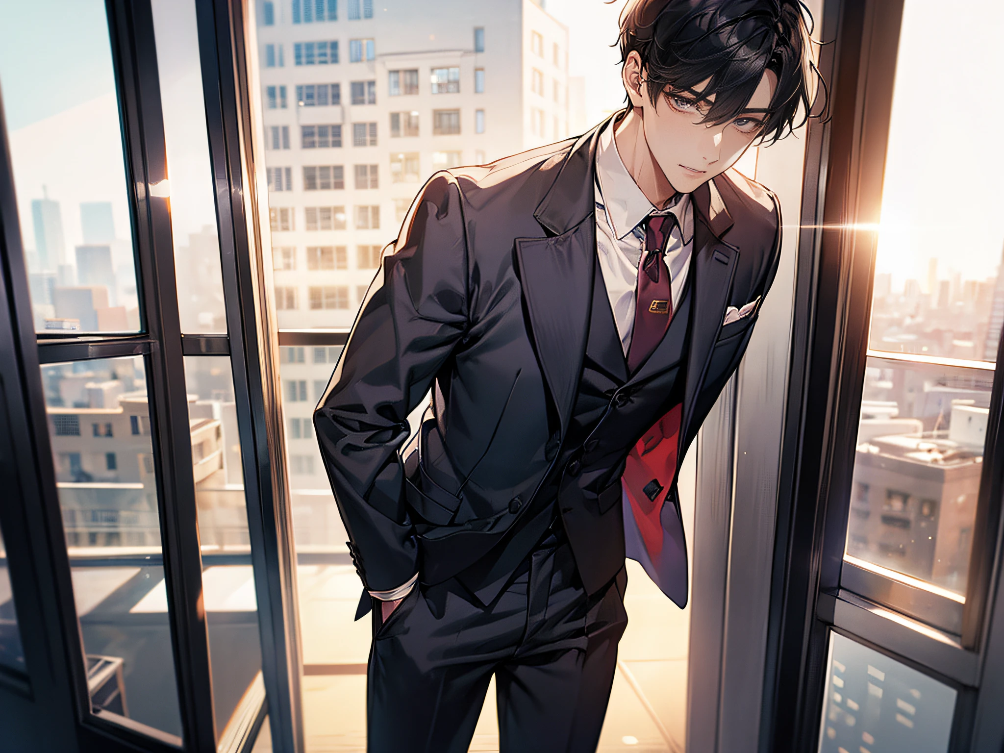 1boy, face focus, adult, business suit, jacket, white shirt, necktie, pants, best quality, hires, detailed face, office, buildings from window, detailed background, diffused sunlight, depth of field, bokeh