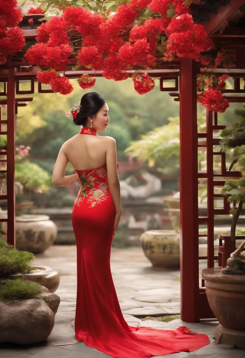 A nude pretty lady wearing a short cheongsam, backview, kneeling, smiling, (best quality, highres, photorealistic:1.37) with beautiful detailed eyes, lips, and face, long eyelashes. She stands gracefully in a traditional Chinese garden surrounded by vibrant flowers and lush greenery. The cheongsam's fabric is silky and has intricate patterns that showcase Chinese culture. The lady's posture is elegant and poised, emanating confidence and grace. The lighting casts a soft, warm glow on her, highlighting her features and emphasizing her beauty. The colors in the scene are rich and vibrant, with a harmonious blend of reds, pinks, and greens. The garden is meticulously maintained, and the surrounding architecture showcases traditional Chinese design elements. The overall atmosphere is serene and peaceful, evoking a sense of timeless beauty and culture.