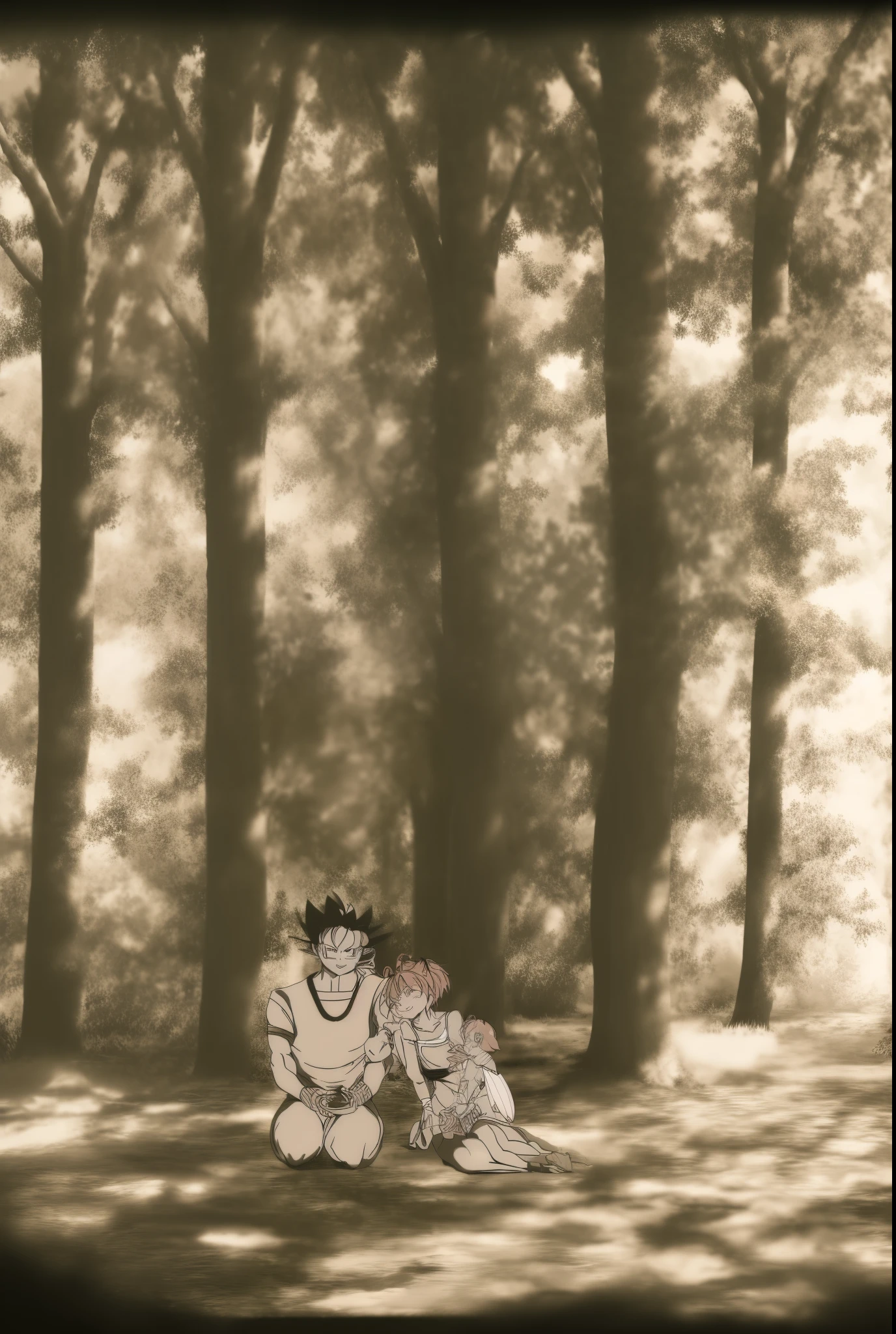 madoka,son goku,couple,husband and wife,love dovey couple,sitting,hug,,smile,(best quality,4k,8k,highres,masterpiece:1.2),ultra-detailed,picnic