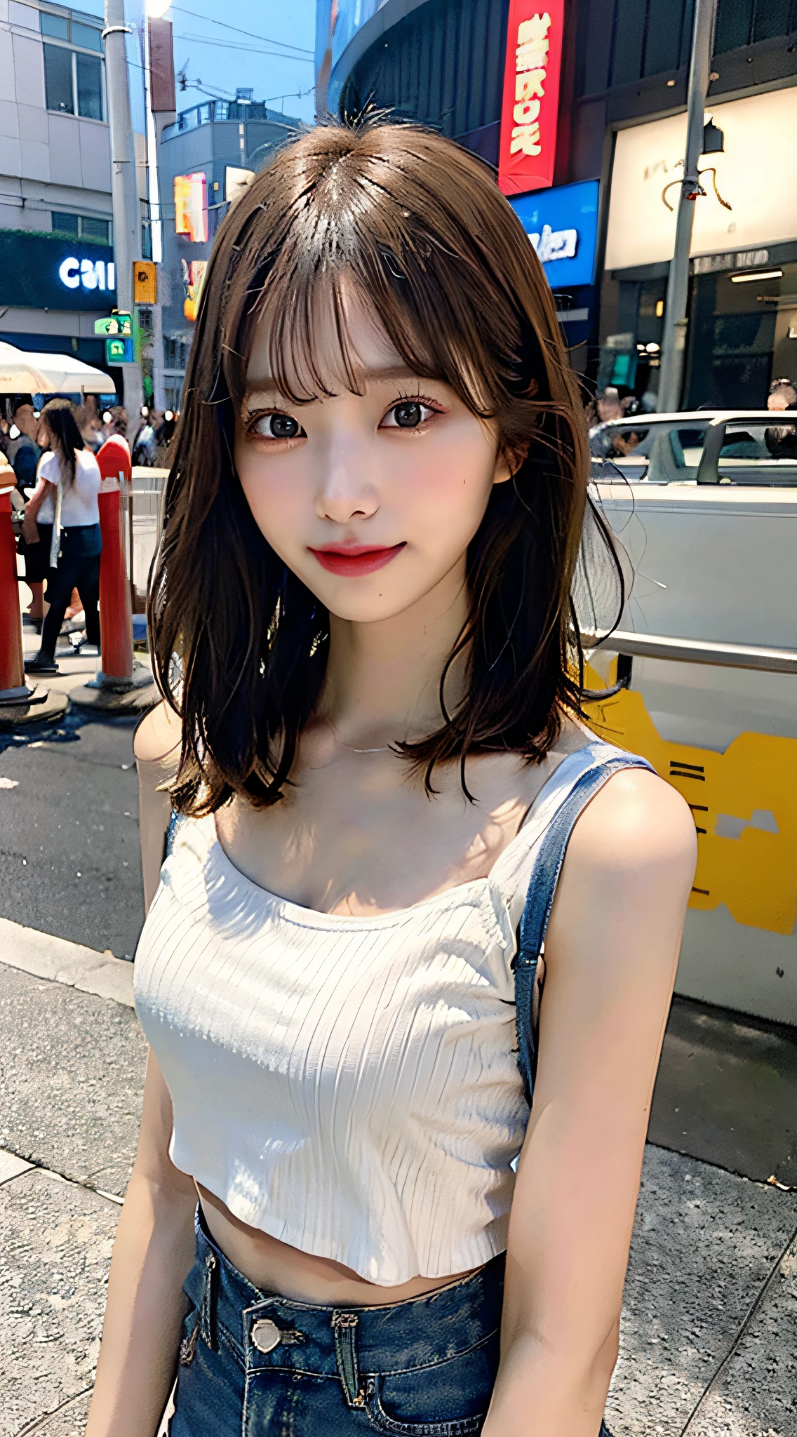 (8K、Raw photography、top-quality)、(realisitic、Photorealsitic:1.37)、女の子1人、see the beholder、beautifull detailed face、A smile with a little visible teeth、Constriction、(Slim waist) :1.3)、tshirts、shortpants、Beautiful detailed skin、Skin Texture、((short-hair))、large breasts with good shape、Professional Lighting、In front of a convenience store、Whole human body、Brown hair