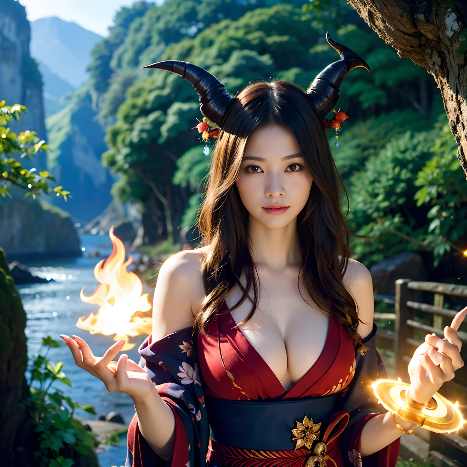 (((masutepiece,))),Professional , masterpiece、top-quality、photos realistic , depth of fields 、Raw photo、1a person、glowy skin、(sexypose)、(Black maple on the background of full bloom),(Ultimate Beauty)、A dark-haired、Mystical expression、Light Effects、intense fighting、Wind-effect、ultrasharp、(shrine background)、(Kimono with beautiful pattern)、(Midnight background)、Beautiful hair ornament on the head、,(intense fighting),((Precipitous cliffs)),(Wear a beautiful kimono),(Wear a colorful and beautiful kimono)、cleavage of the breast、(Japan Castle Background)、Jewel Gold Weapon、Particles of light),(intense fighting)、Gorgeous jewelry hair ornaments on the head ,Castle background、(( Gorgeous Dragon Sword)) , (a dark night),,(maikurobikini) 、((Black Haired Beautiful Girl))、(Castle background)、(demonic wings)、((Gangle's forest background))、Beautiful Caucasian beauty、1a person、dynamic ungle,(((Two devil's horns on the head)))、Smaller head、Idle Smile、Thin and beautiful female hands、Mystical expression、Light Effects、intense fighting、Wind-effect、magic circles、With the legendary magic wand、Dragon's tail、Anatomically correct fingers、Full Body Angle、Anatomically correct number of fingers、