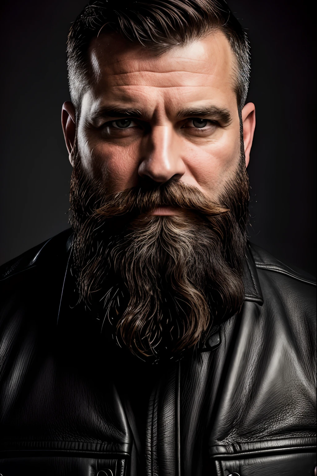 Professional retro-style photograph of a middle-aged man with short military-style haircut, long and grizzled lumberjack beard, hairy body, wearing a black leather jacket without a shirt underneath. Half-body portrait, black background, studio chiaroscuro technique, ultra-realistic and highly detailed. Retro-style lighting can be applied as needed.