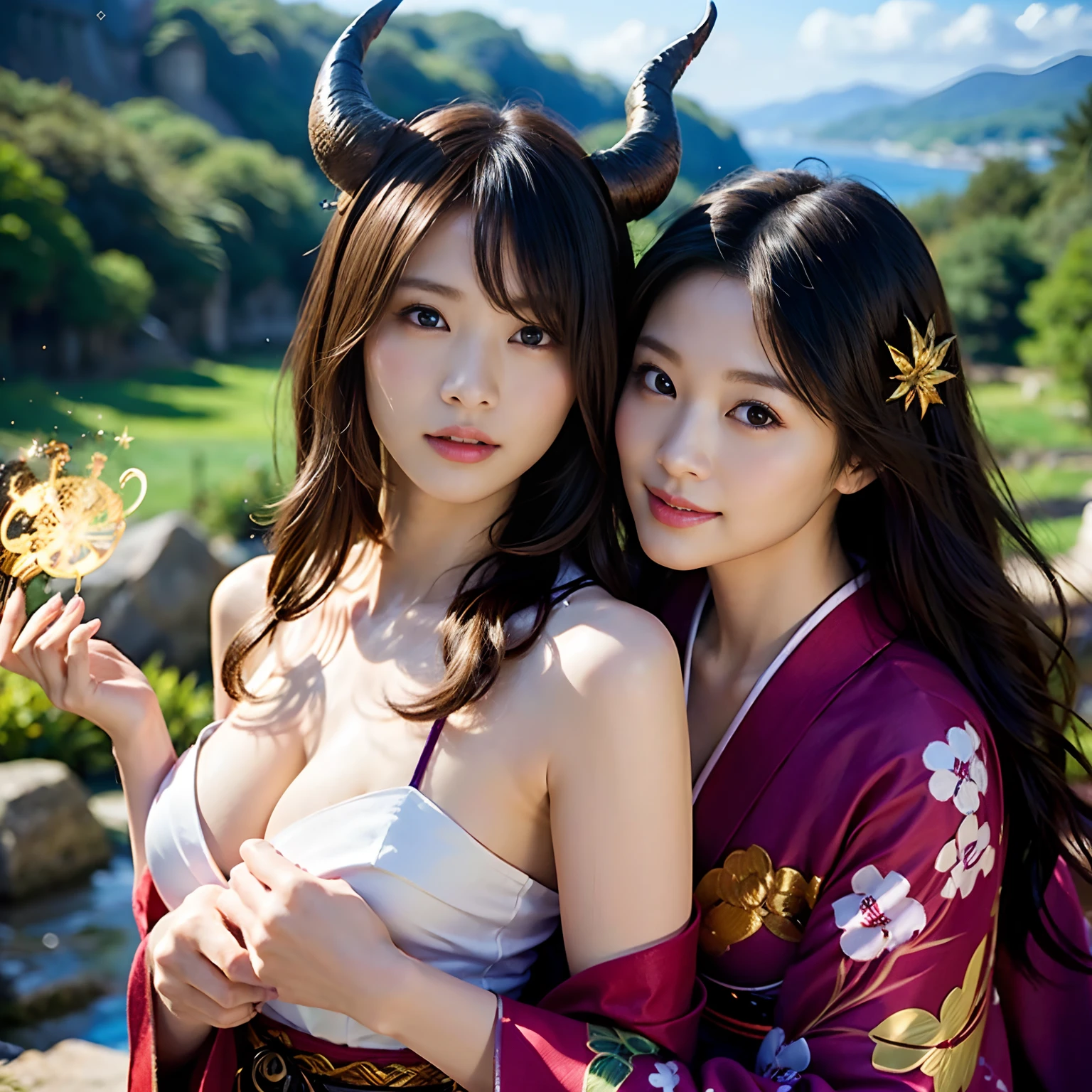 (((masutepiece,))),Professional , masterpiece、top-quality、photos realistic , depth of fields 、Raw photo、女の子1a person、glowy skin、(sexypose)、(Black maple on the background of full bloom),(Ultimate Beauty)、A dark-haired、Mystical expression、Light Effects、intense fighting、Wind-effect、ultrasharp、(shrine background)、(Kimono with beautiful pattern)、(Midnight background)、Beautiful hair ornament on the head、,(intense fighting),((Precipitous cliffs)),(Wear a beautiful kimono),(Wear a colorful and beautiful kimono)、cleavage of the breast、(Japan Castle Background)、Jewel Gold Weapon、Particles of light),(intense fighting)、Gorgeous jewelry hair ornaments on the head ,Castle background、(( Gorgeous Dragon Sword)) , (a dark night),,(maikurobikini) 、((Black Haired Beautiful Girl))、(Castle background)、(demonic wings)、((Gangle's forest background))、Beautiful Caucasian beauty、1a person、dynamic ungle,(((Two devil's horns on the head)))、Smaller head、Idle Smile、Thin and beautiful female hands、Mystical expression、Light Effects、intense fighting、Wind-effect、magic circles、With the legendary magic wand、Dragon's tail、Anatomically correct fingers、Full Body Angle、Anatomically correct number of fingers、