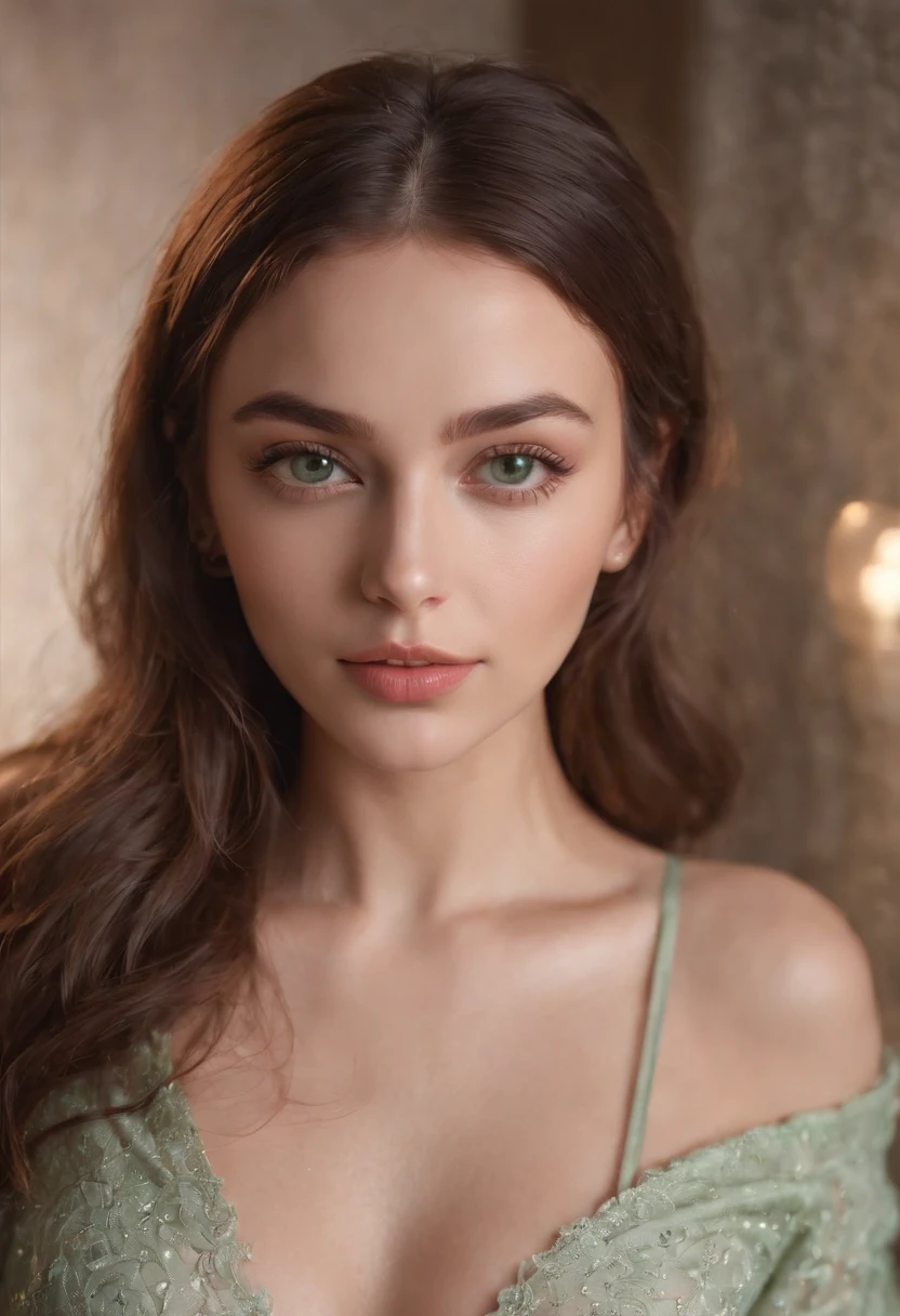 arafed woman, sexy girl with green eyes, portrait sophie mudd, brown hair and large eyes, bedroom eyes, violet myers, without makeup, natural makeup, looking directly at the camera, face with artgram, subtle makeup, stunning full body shot, piercing green eyes, beautiful angle, cute girl, full body picture, full body, full body shoot, brunette goddess, high detail, sexy pose, new york background
