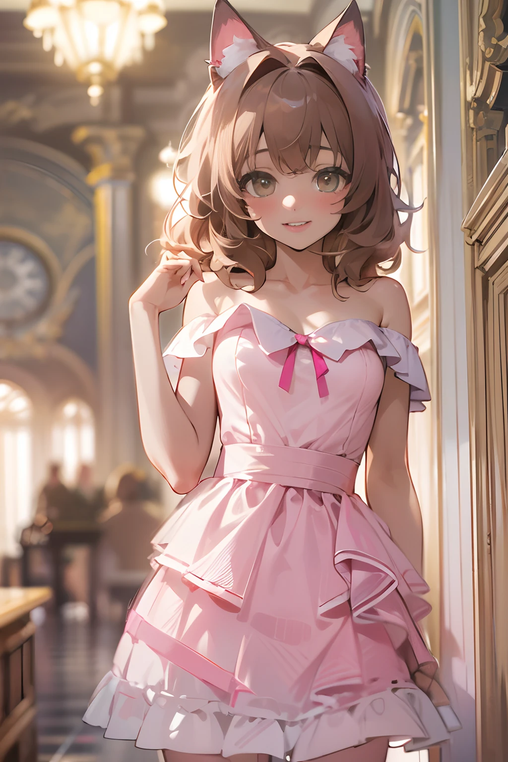 ((Masterpiece)), (High Definition:1.3), (Professional Photography:1.2), best quality, 8K, Textured skin, cinematic lighting, 1girl, wide-shot, (Cute innocent age girl), slendar and small breast, very messy medium hair, Wearing loliink dress, (exposed naked shoulder), blush and smile, cat ears, pale brown hair, (cute posing in the large hall)