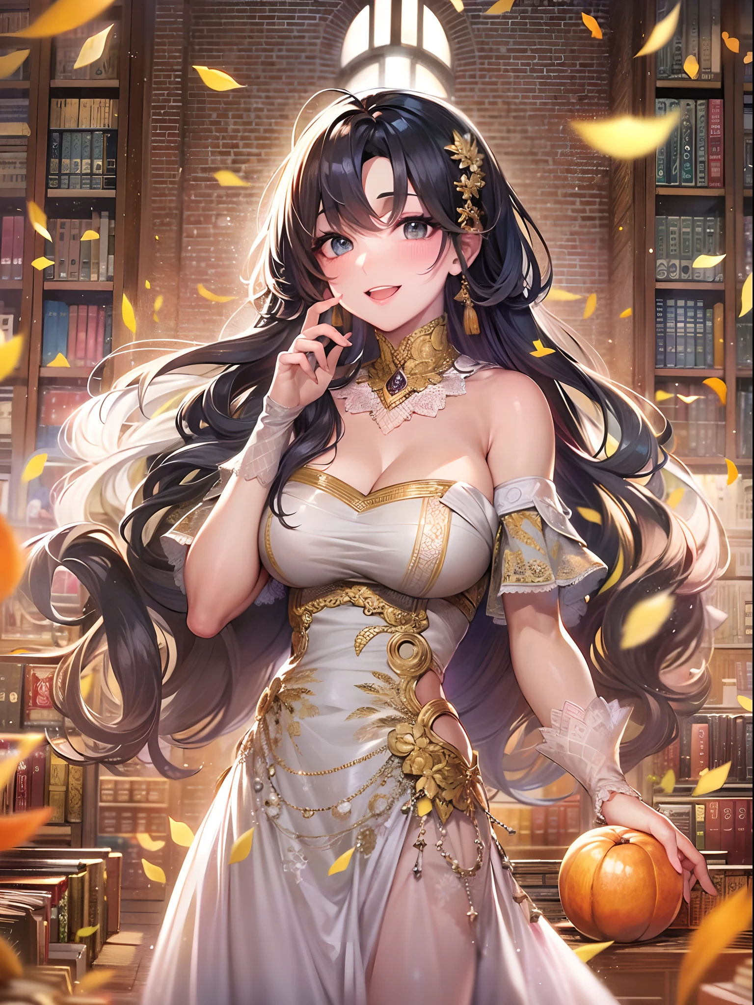 masutepiece, Best Quality, Ultra-detailed, Extremely detailed, 4K, 8K, Best Quality, Beautiful, Library, Autumn, Beautiful adult woman, Solo, Goddess of Art, Beautiful black hair, Beautiful black eyes, Ahoge,(huge-breasted:1.3), lightsmile, sparkling effect