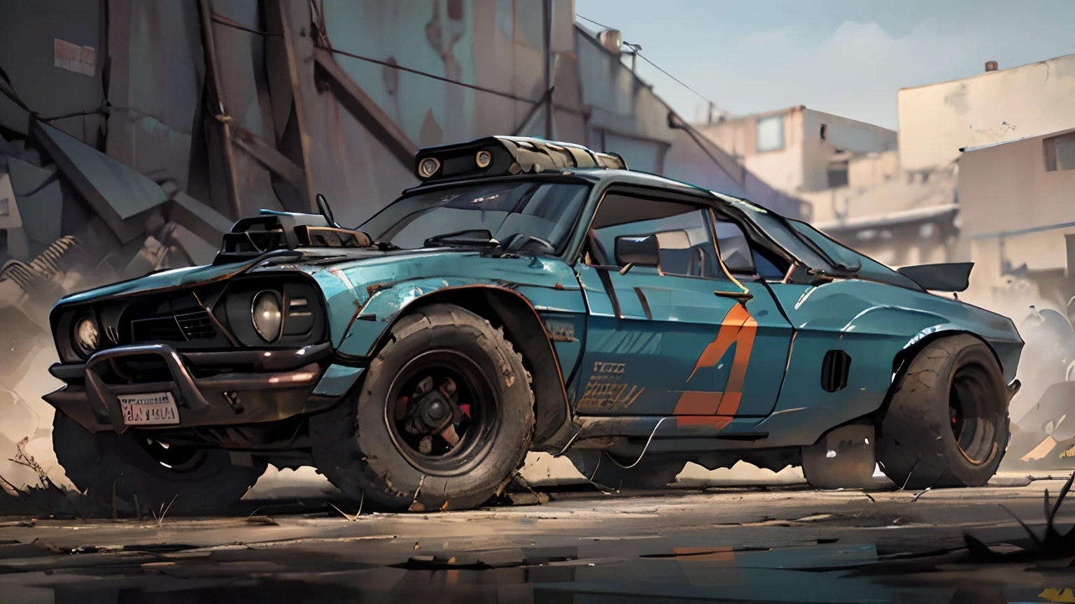 Create a cinematic, filmic image 4k, 8k with [George Miller's Mad Max style]. The image should be captured in a [wide-angle view] and depict [single] a [post-apocalyptic]  V8 [muscle car]. The car's paint is a [black] covered in a spots of [rust] and thin layer of smooth [dust] and [dirt], making it appear [rugged] and [gritty] but with visible [black color]
The car's body should be [sleek] and [aerodynamic], giving it a [low] and [aggressive] stance that conveys [power] and [speed]. The front of the car should feature a [distinctive] front nose cone with [rectangular lights] that adds to its [intimidating] appearance. The car's wheels should be [large] and [sturdy], with [thick] tires that can handle the [rough] terrain of the [post-apocalyptic] wasteland. The rims should be made of [durable] metal with a [unique design] that showcases the car's [individuality].
In addition, the car should have [eight exhaust side pipes]. The car should also feature a Weiand 6-71 [supercharger] mounted on the hood, protruding through the bonnet.
Car should be designed to look both [powerful] and [functional], built to withstand the [harsh] conditions of the [post-apocalyptic] wasteland.
The image should be [ultra-realistic], with [high-resolution] captured in [natural light]. The lighting should create [soft shadows] and showcase the [raw] and [vibrant colors] of the car. The image should be a highly-detailed photography set in a [post-nuclear], [fallout] like setting, conveying a sense of [danger] and [grittiness]. The final image should be a [masterpiece], with a [realistic portrayal] of the Interceptor that is both [intimidating] and [awe-inspiring]. Background should contain [empty desert highway], image takes place before the storm, with the [hot summer sun] still shining brightly in the sky, but in the distance, the sky is a [dark and foreboding shade of blue], hinting at an impending storm
