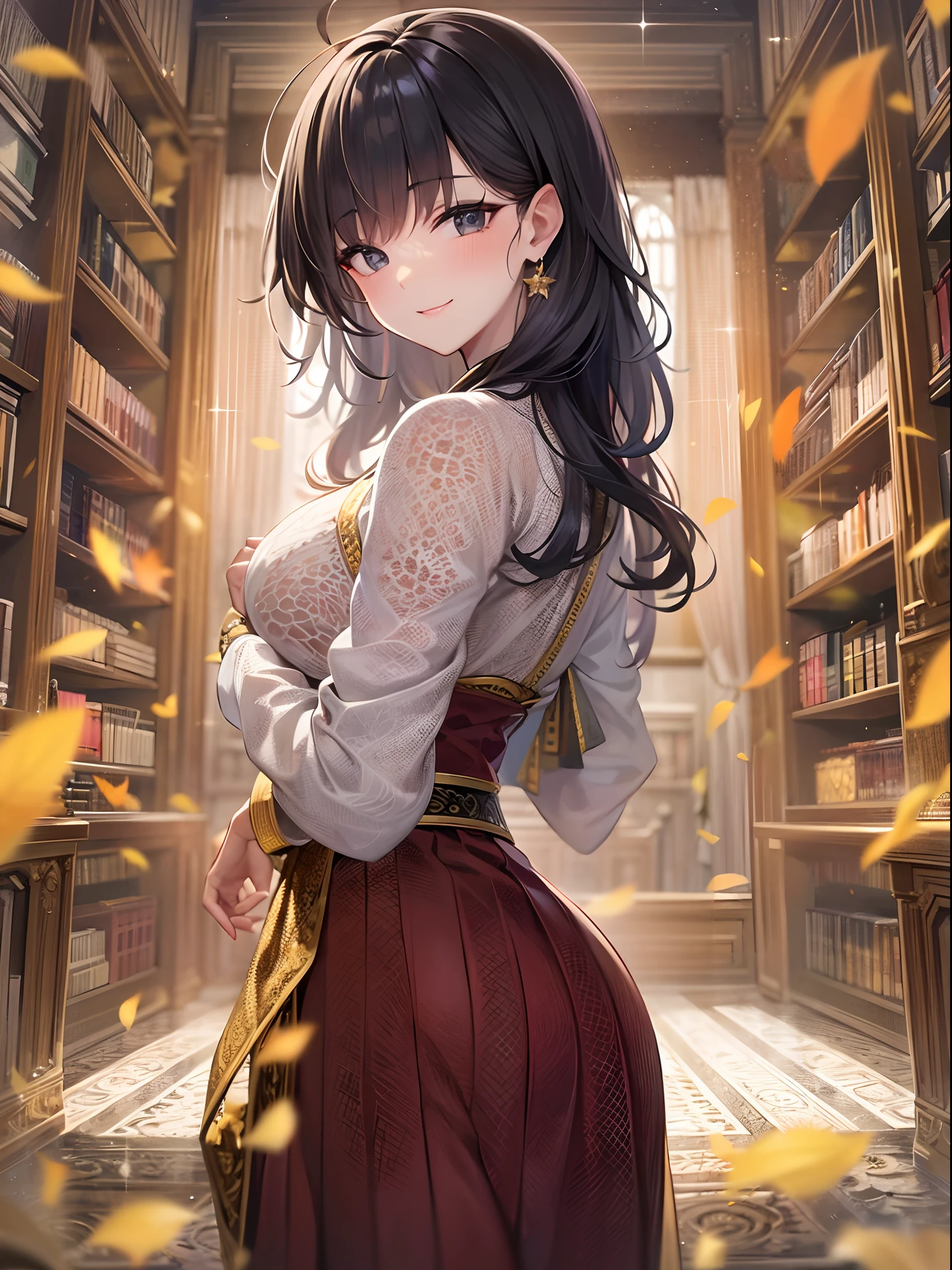 masterpiece, best quality, ultra-detailed, extremely detailed, 4K, 8K, best quality, beautiful, library, autumn, a pretty woman, solo, ethnic costume, beautiful black hair, beautiful black eyes, ahoge,huge chest, light smile, sparkling effect