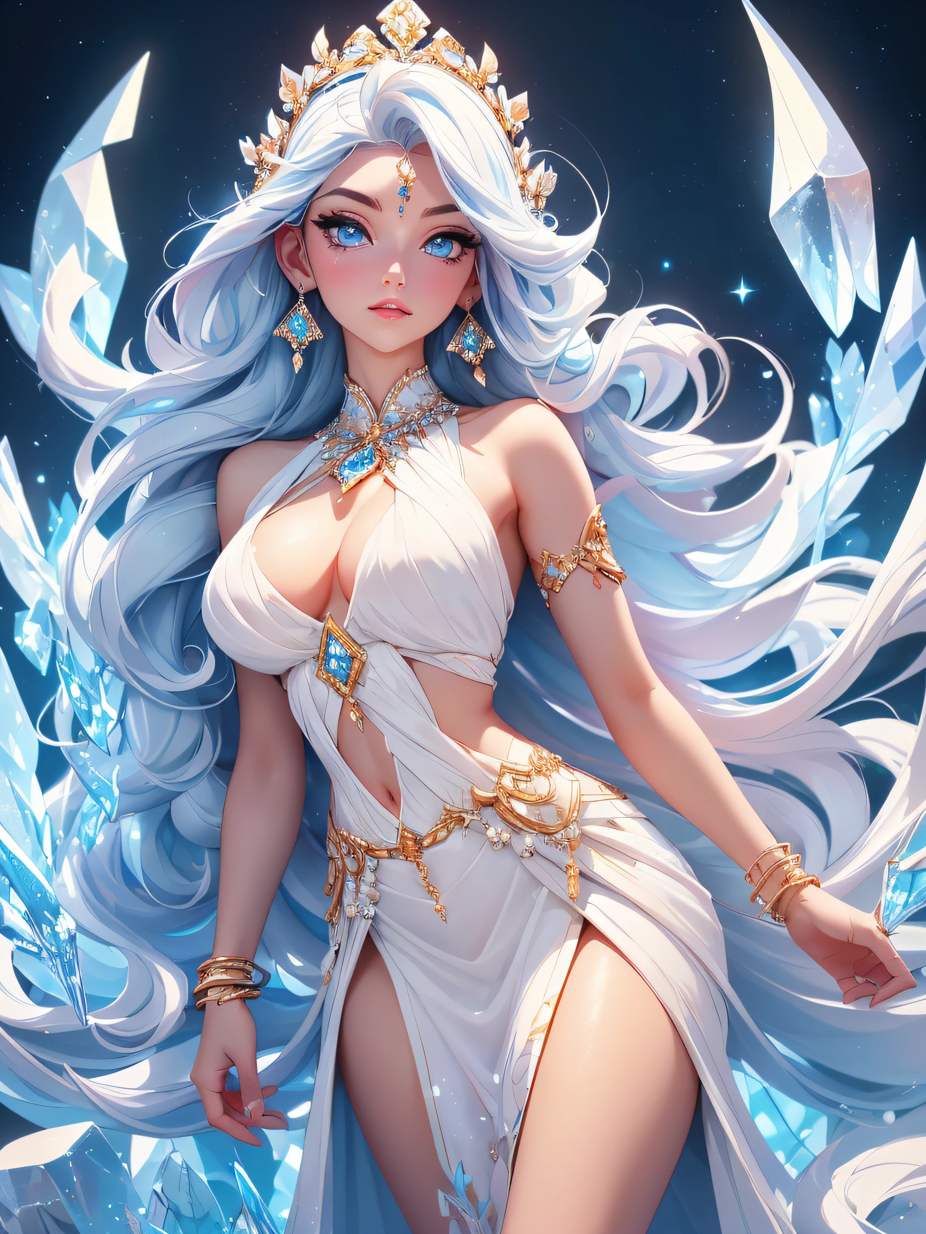 ((a close body portrait of an attractive beautiful goddess)), ((dressed in a long white dress with decorations of crystal light blue pieces of jewelry.)) she has blue crystal eyes and white long hair sliding straight down her back)), (capture her beauty looking and the ethereal grace of her surroundings, crystal color, white hair, wearing diamond crystal earrings), best lighting effects, high quality, best quality, sharp focus, hyperdetailed, 8K, vibrant colors
