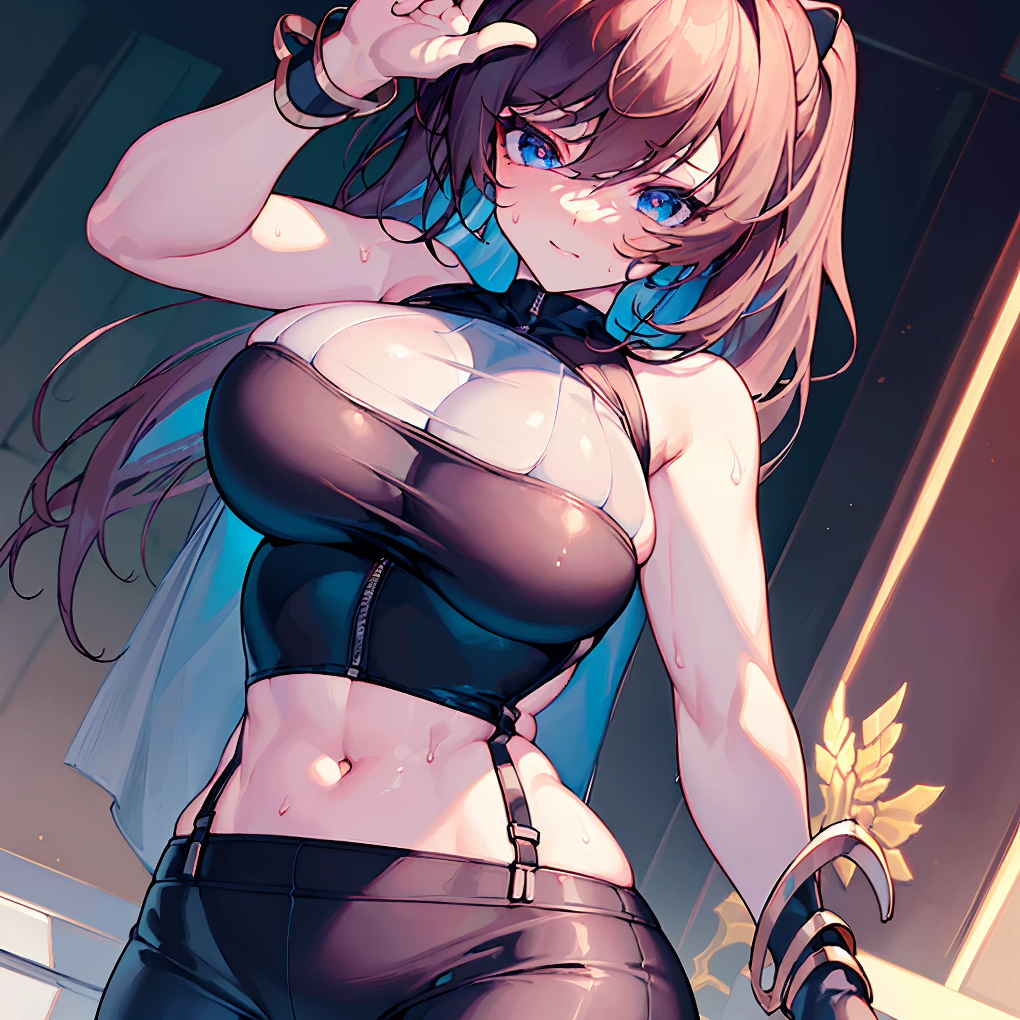 (8K, Best quality, tmasterpiece:1.2),\(eye detailed\),\(Facial features\),(\(Clothes detail details\)\),(huge tit),Upper body,(Facial focus) ,Very detailed CG unity 8K wallpaper,hugefilesize,ultra - detailed,A high resolution,absurderes,beautidful eyes,Ray traching,dramatic shadow,finely detailled,Dramatic angles,Hyper-detailing,(1 girl:1.3),(Solo) a matural female, busty figure,sport underwear,Crop topping,Wet clothes,See-through,Safety pants,sweat profusely