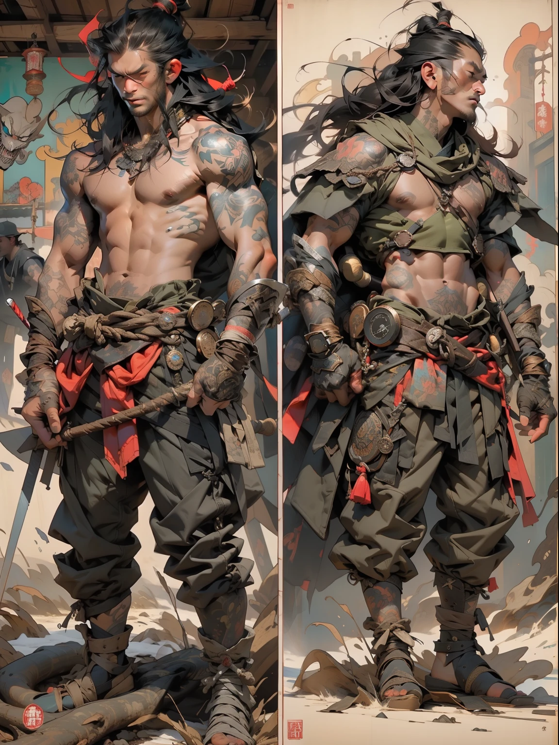 (((mtu))), (((best qualityer))), (((tmasterpiece))), (((AS-Adult))), ((( Japanese ))), Look up from your knees, Handsome Asian samurai，perfect body figure, Modern samurai, ((( Asian))), Wear gloves on your hands，The left arm is made of steel and metal tips，Made of protective devices, The eyes are pulled, (( Appears below the chest )), (( Small dental floss )), Simon Bisley, Almost ?????（Simon Bisley）Castle City Wilderness，For high-resolution posters, hair straight, Minimum clothing, armure (Crazy clothes ), Full of tips and rivets, tribal tattoos, (((full bodyesbian))), Straight brunette hair，Colored hair ends