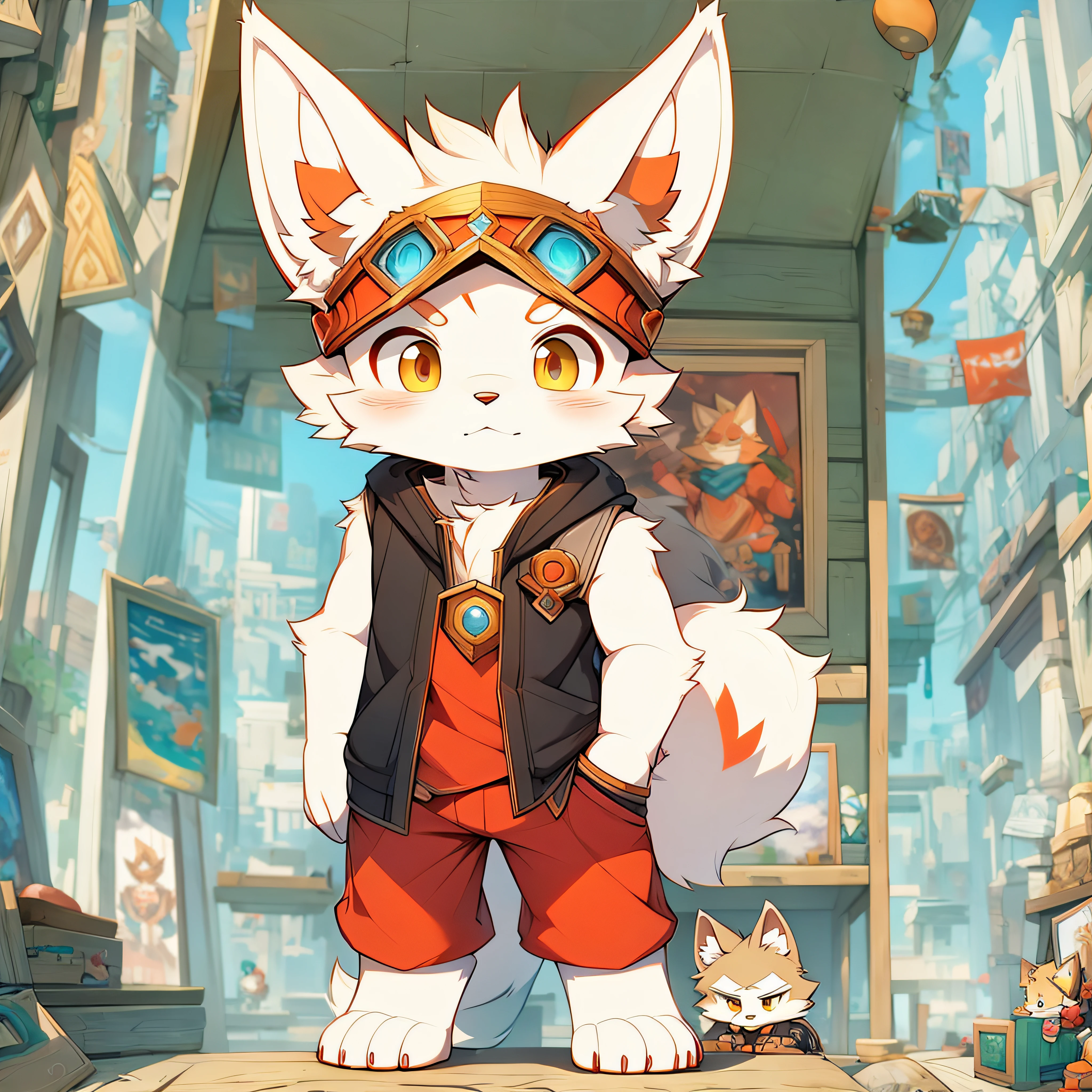 There is a painting，A cat wearing a red helmet and red pants, a fox, fox from league of legends chibi, fursona wearing stylish clothes, Furry character, cute character, Anthropomorphic fox, fox mccloud, tonic the fox, fursona art, an anthropomorphic cyberpunk fox, furaffinity commission, fursona commission