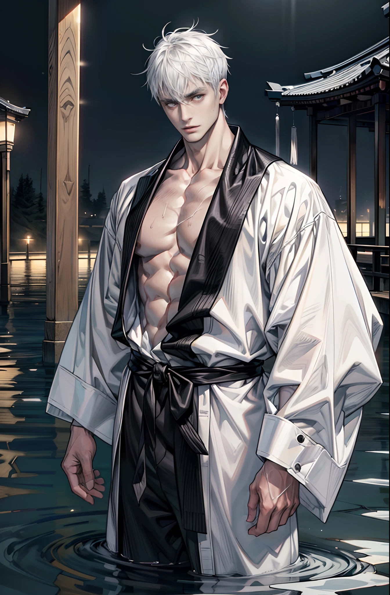 (Best quality,4K,8K,A high resolution,Masterpiece:1.2),Ultra-detailed,A man stands in the water of the Yellow Spring,Sick,Dark,Handsome man who died,Dark scene,Heavy fog,deep in the night,Japanese traditional style,A thick black fog enveloped everything,The atmosphere of death,Bleak white complexion,White skin,White skin,Black sky,There are a lot of bones in the water,Dirty and disgusting,human bone,Foggy,(((Upright ultra-short white hair,Masculine face shape)))