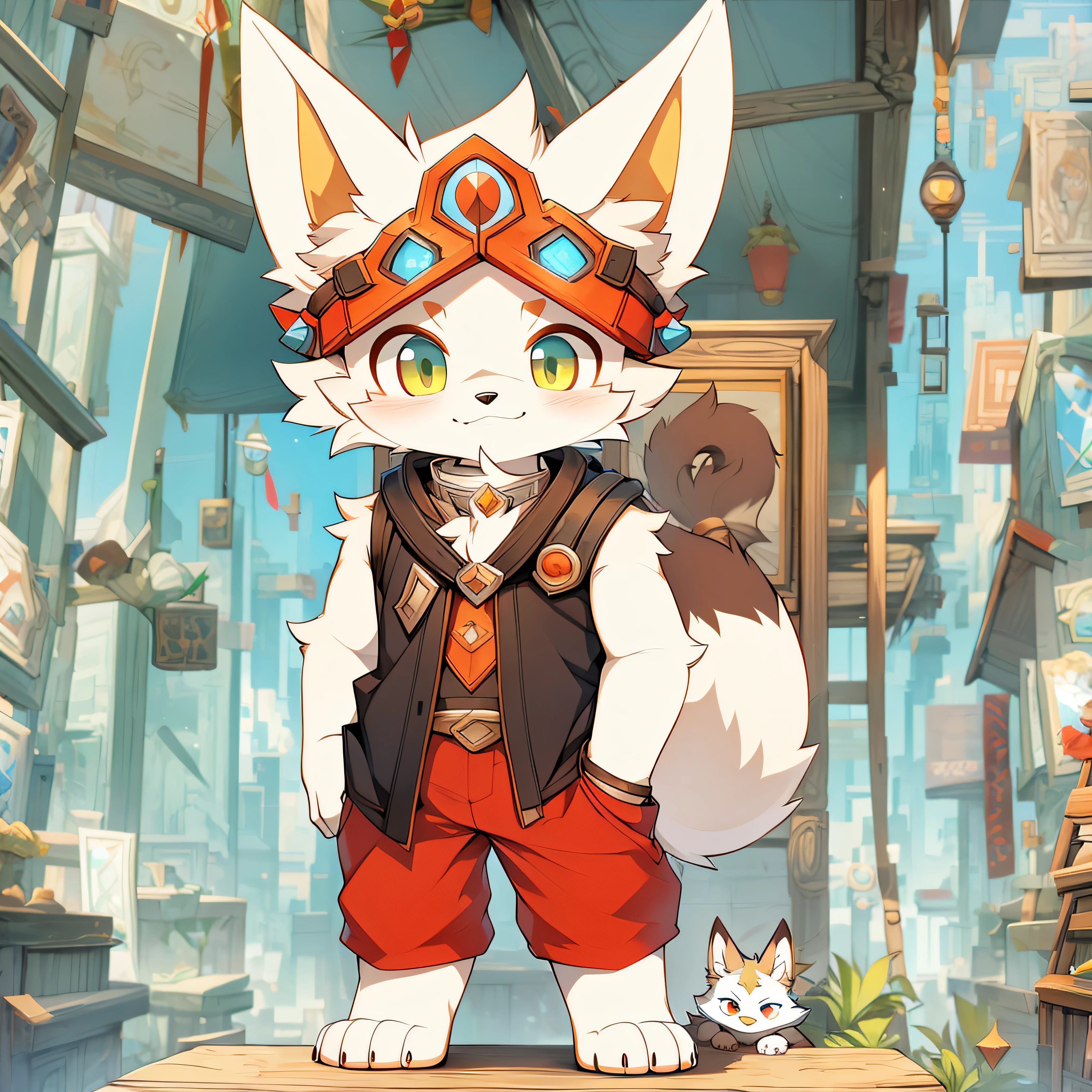There is a painting，A cat wearing a red helmet and red pants, a fox, fox from league of legends chibi, fursona wearing stylish clothes, Furry character, cute character, Anthropomorphic fox, fox mccloud, tonic the fox, fursona art, an anthropomorphic cyberpunk fox, furaffinity commission, fursona commission