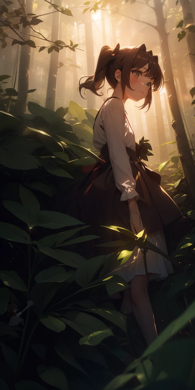 A Little girl holding a rose in the middle of a dense forest, 1girl, forest, Afternoon, view from a distance, nightshirt, twins ponytails, brown hair, glowing light, 5 fingers,