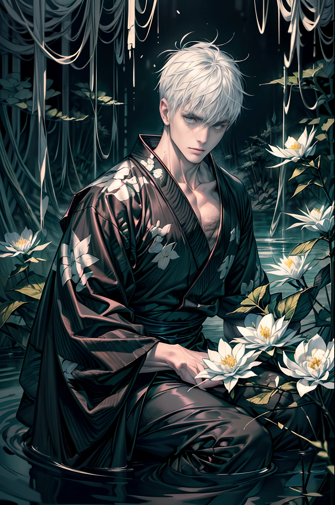 (Best quality,4K,8K,A high resolution,Masterpiece:1.2),Ultra-detailed,People under the water of the Yellow Spring,(((black kimono)),morbid,terroral,darkly,Handsome man who died,Handsome man,Dark scenes of Japan,A fog that covers everything,deep in the night,Japanese traditional style,A thick black fog enveloped everything,The atmosphere of death,Bleak white complexion,White skin,White skin,Black sky,There are a lot of bones in the water,Dirty and disgusting,There are a lot of bones in the water,Foggy,Heavy fog,the night,deep in the night,nigth,(Endless dark forest:1.5),Many aquatic plants,(((Many white flowers))),The picture is gray,Low contrast,low-saturation,White super short hair,((Upright ultra-short white hair,Masculine face shape)))
