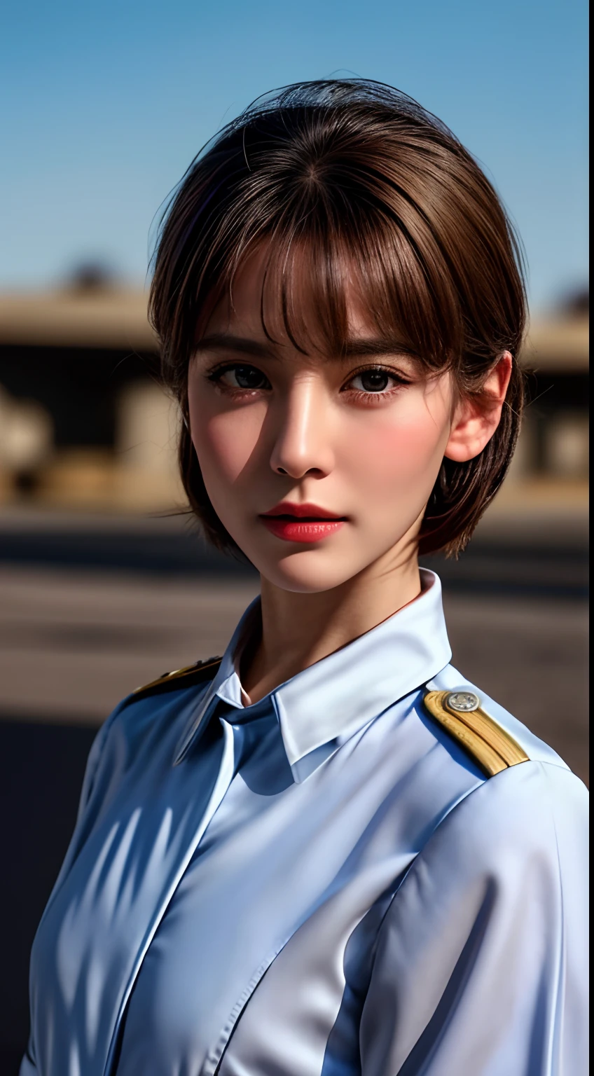 Movie Cover Image,Like a Real Person,Polite Dress,War War Fighter Action Cover Image),(Movie Reference Foundation : 1.8 ),Realistic,White Air Force General Uniform,(Realistic Face Resolution),Cinematic Poses,Skinny,Small,1 Womam, black short hair with bangs, midshot, centered image, ultra detail, extremely face detail, extremely eye detail