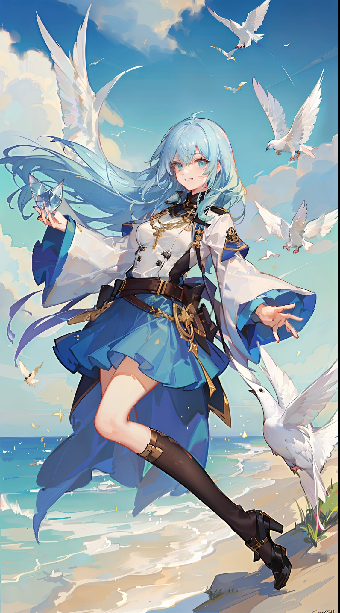 Tall guy, Stunted pigeons, Cyan eyes, ssmile, Beautiful white soldier's uniform, Gold Elements, Two magic pistols, hiquality, 4k, HD, Good detail