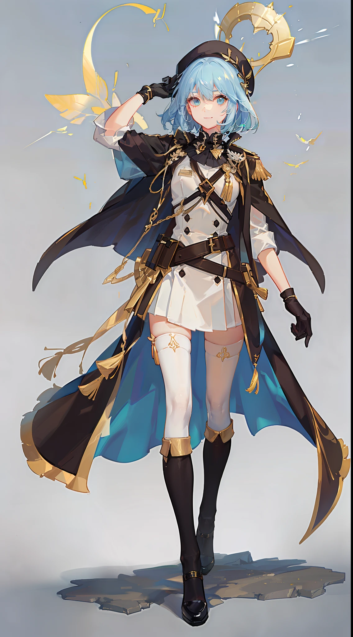 Tall guy, Stunted pigeons, Cyan eyes, ssmile, Beautiful white soldier's uniform, Gold Elements, Two magic pistols, hiquality, 4k, HD, Good detail