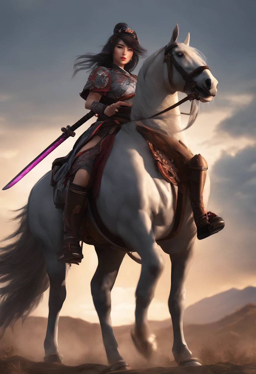 Posing with a baseball bat、mounted on a horse、There are women in costumes, very beautiful cyberpunk samurai, she is holding a katana sword, Female Samurai, realistic anime 3 d style, beautiful digital works of art, katana zero video game character, beautiful character painting, Smooth Anime CG Art, 2. 5 d cgi anime fantasy artwork, photorealistic anime girl render