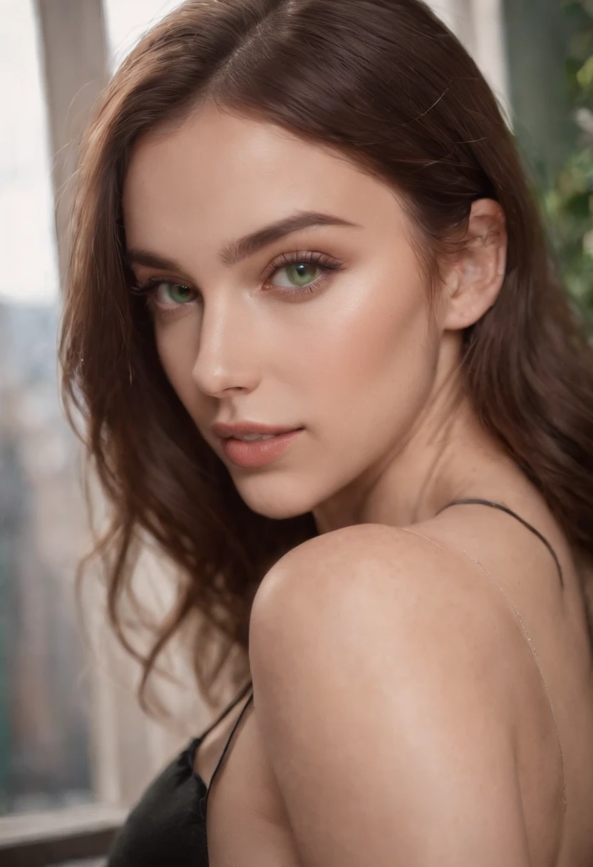 arafed woman, sexy girl with green eyes, portrait sophie mudd, brown hair and large eyes, selfie of a young woman, bedroom eyes, violet myers, without makeup, natural makeup, looking directly at the camera, face with artgram, subtle makeup, stunning full body shot, piercing green eyes, beautiful angle, cute girl, full body picture, full body, full body shoot, brunette goddess, high detail, sexy pose, in front of a restaurant in new york