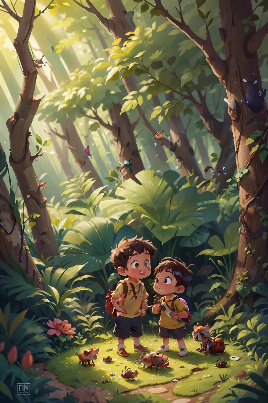 Little boy and girl observing little ants on the ground in the woods,The colors are bright and bright
