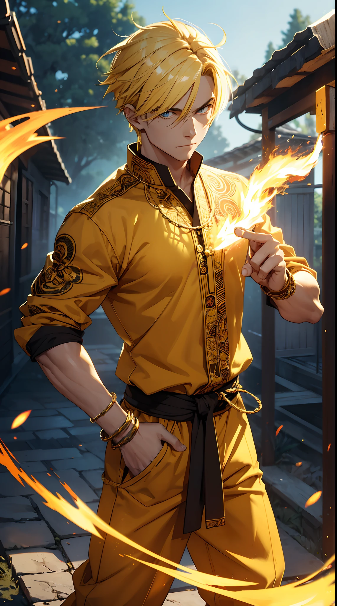 A sispack man, yellow hair, wearing trousers with an ancient pattern, 10 gold bracelets on both hands, a martial arts expert's stance. Fire aura effect, fire particles, fire with dark light HD,