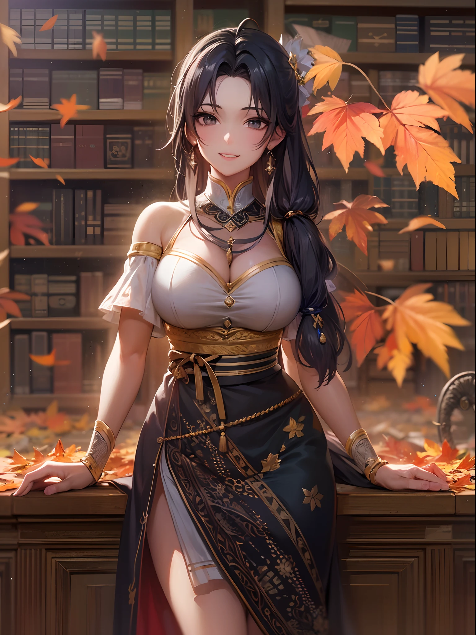 masterpiece, best quality, ultra-detailed, extremely detailed, 4K, 8K, best quality, beautiful, library, autumn, a pretty woman, solo, ethnic costume, beautiful black hair, beautiful black eyes, ahoge,huge chest, light smile, sparkling effect