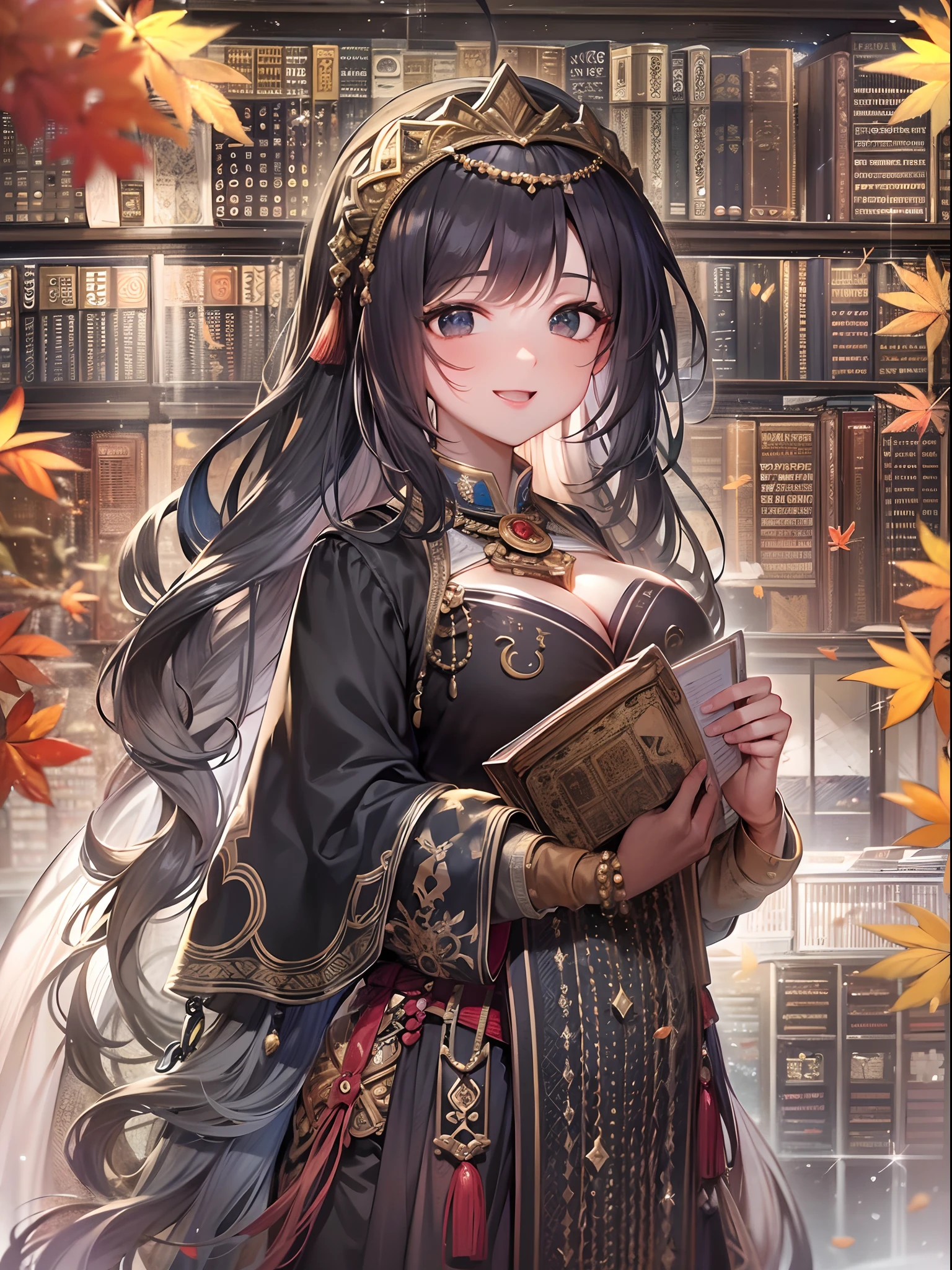 masterpiece, best quality, ultra-detailed, extremely detailed, 4K, 8K, best quality, beautiful, library, autumn, a pretty woman, solo, ethnic costume, beautiful black hair, beautiful black eyes, ahoge,huge chest, light smile, sparkling effect