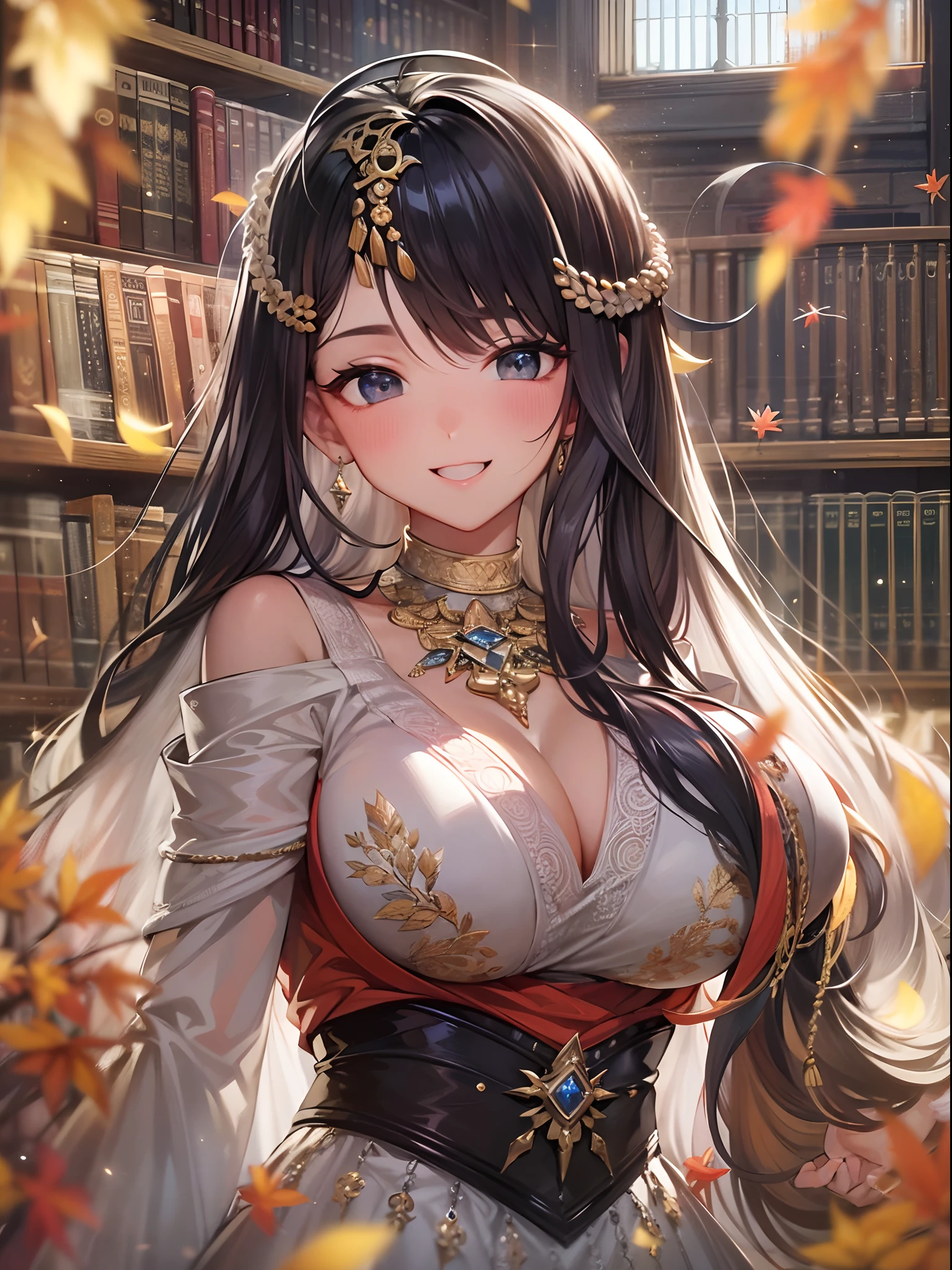 masterpiece, best quality, ultra-detailed, extremely detailed, 4K, 8K, best quality, beautiful, library, autumn, a pretty woman, solo, ethnic costume, beautiful black hair, beautiful black eyes, ahoge,huge chest, light smile, sparkling effect