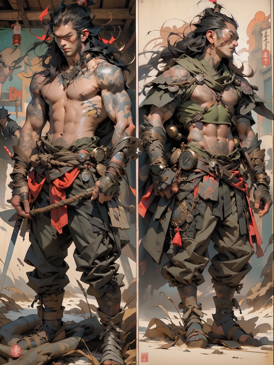 (((mtu))), (((best qualityer))), (((tmasterpiece))), (((AS-Adult))), ((( Japanese ))), Look up from your knees, Handsome Asian samurai,perfect body figure, Modern samurai, ((( Asian))), Wear gloves on your hands,The left arm is made of steel and metal tips,Made of protective devices, The eyes are pulled, (( Appears below the chest )), (( Small dental floss )), Simon Bisley, Almost naked(Simon Bisley)Castle City Wilderness,For high-resolution posters, hair straight, Minimum clothing, armure (Crazy clothes ), Full of tips and rivets, tribal tattoos, (((full bodyesbian))), Straight brunette hair,Colored hair ends