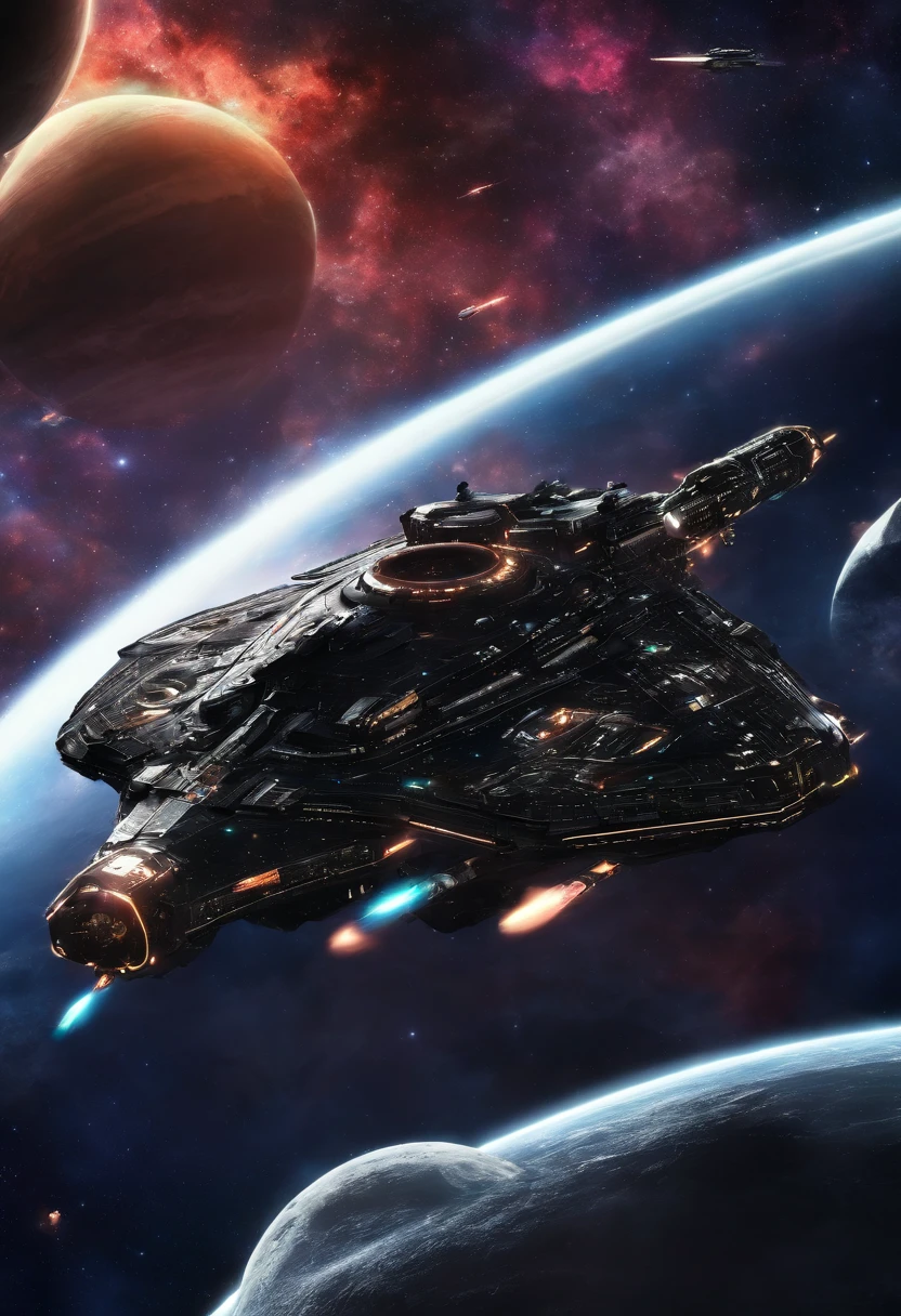 Dreadnought-class space battleships aligned with Saturn in the background