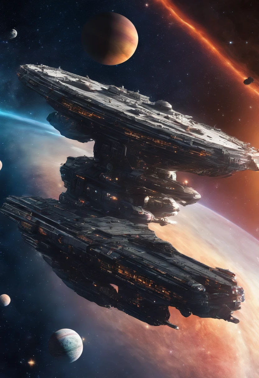 Dreadnought-class space battleships aligned with Saturn in the background