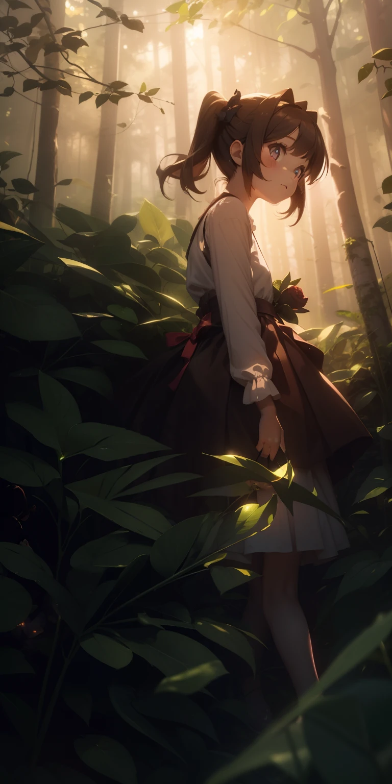 A holding a rose in the middle of a dense forest, 1girl, forest, Afternoon, view from a distance, nightshirt, twins ponytails, brown hair, glowing light, 5 fingers,