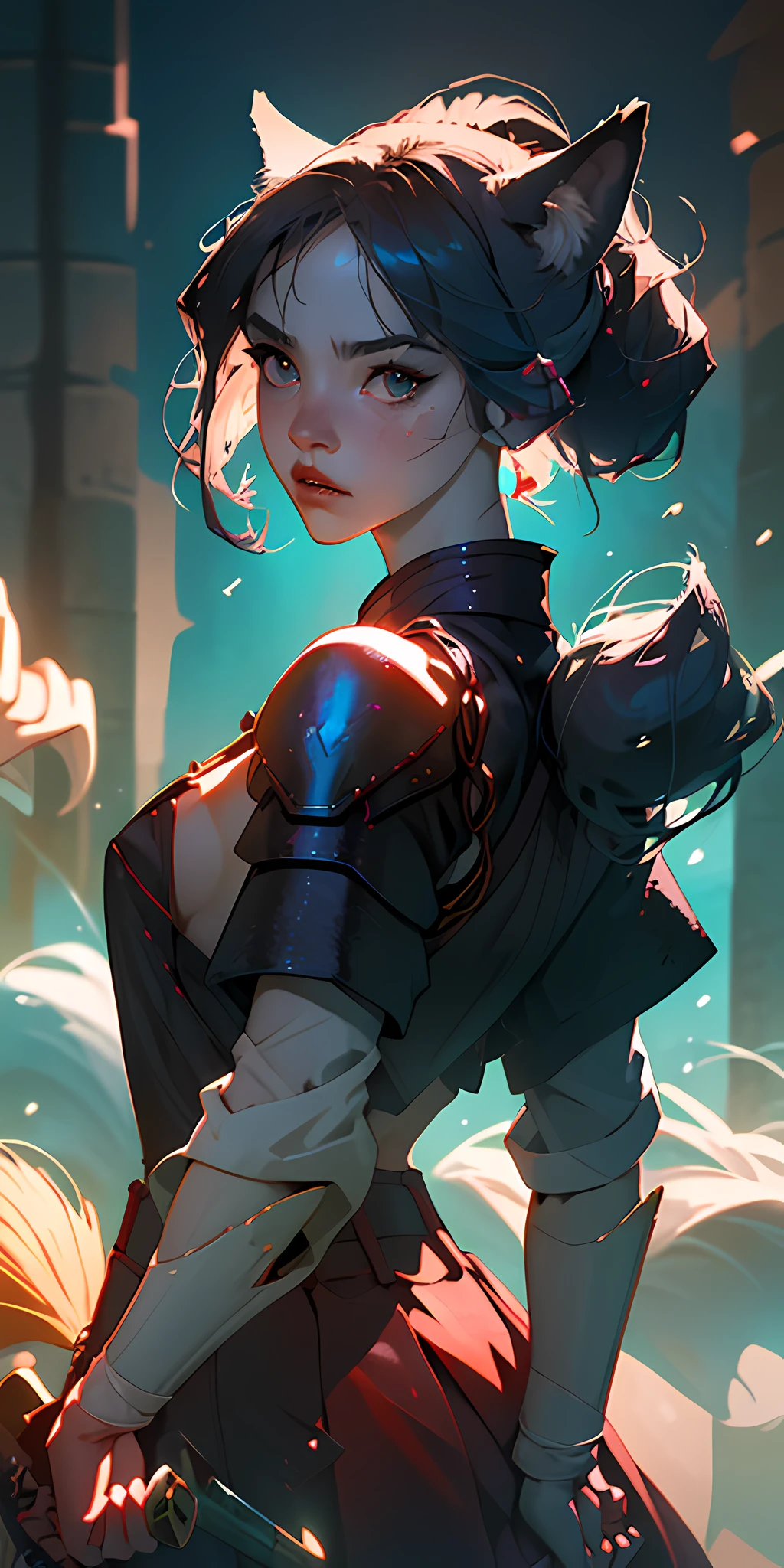 (best quality, masterpiece), 1girl, samurai, particle, wind, looking at viewer, fox ear, monsters in background, backlighting, upper body, pose
