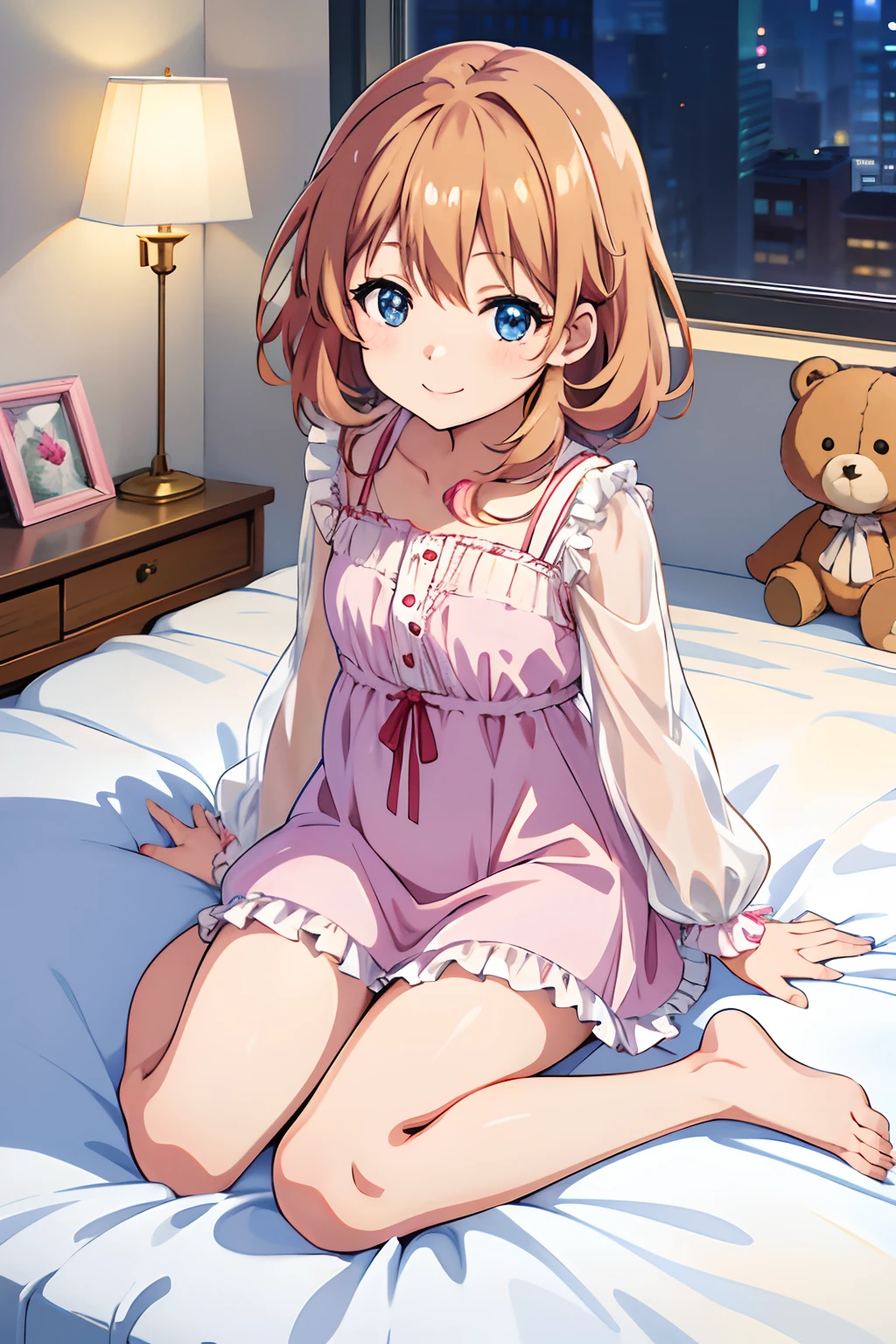 From  above、(cute little),high-level image quality、masutepiece、4K,8K,Anime Cell Style,Best Quality, hight resolution,1girl,****,bed room,holding a teddy bear、looking at viewer,on bed,sitting on、Happy smile