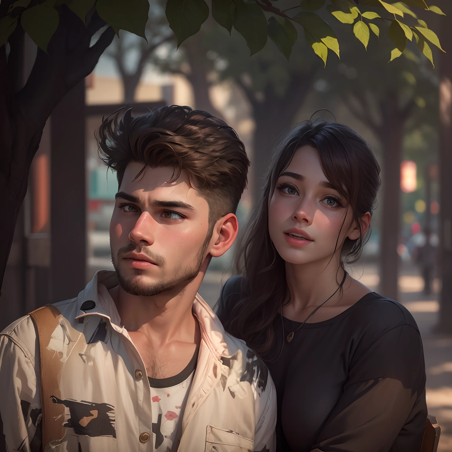 Cute couple sat on wood chair, black mustang car behind, clear hd face, forest, mountains, clear hd face, 8k image, perfect face, happy couple, love, weather, closeup.