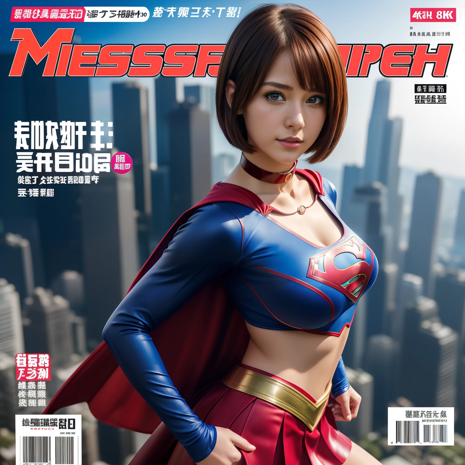 (Best Quality,4K,8K,hight resolution,masutepiece:1.2),Ultra-detailed,Realistic:1.37,Super masterpiece,Short-haired Supergirl、large full breasts、Looking at the camera、Glossy costume、a choker、Too short miniskirt、Weekly magazine cover、Powerful Pose、