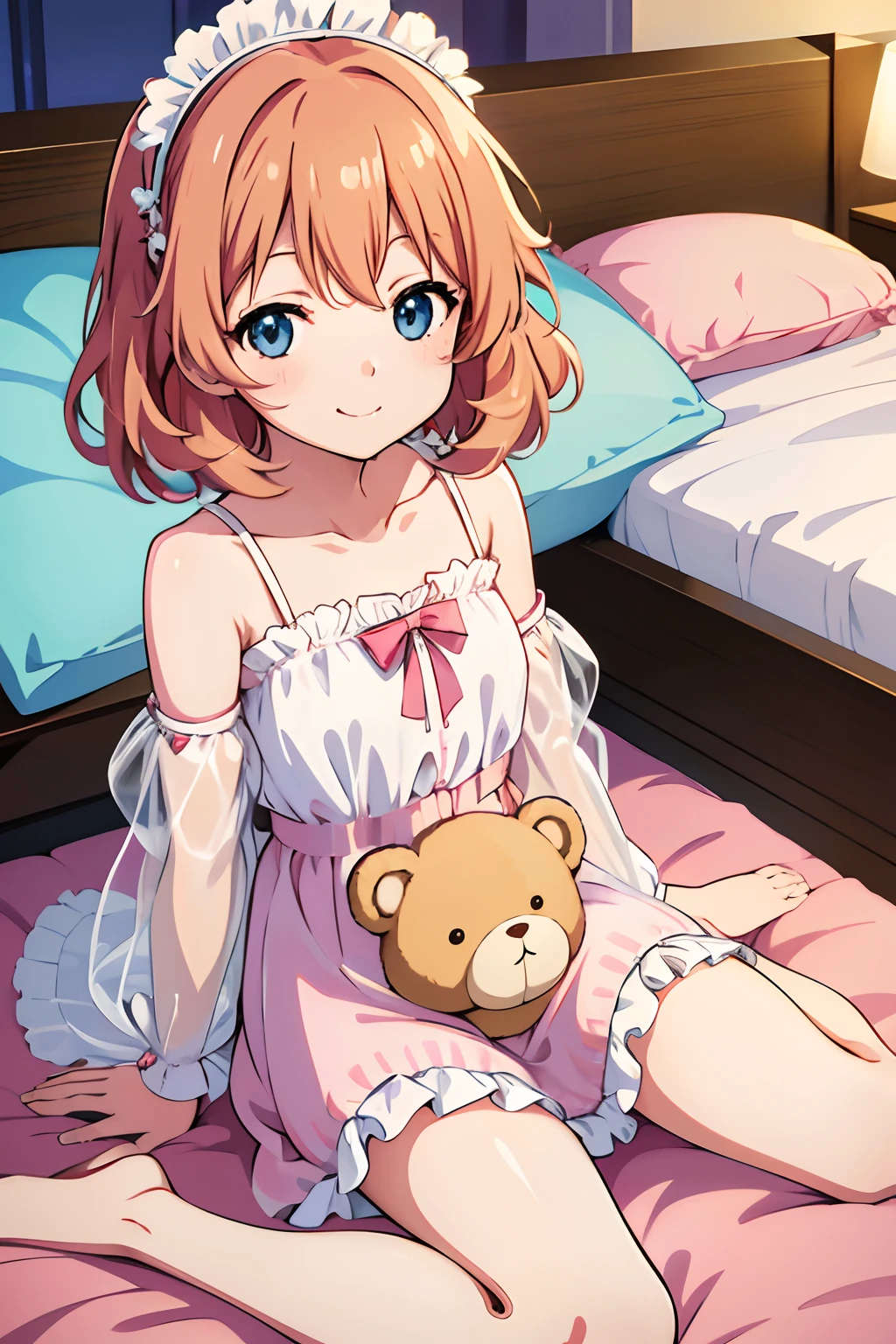 From  above、(cute little),high-level image quality、masutepiece、4K,8K,Anime Cell Style,Best Quality, hight resolution,1girl,****,bed room,holding a teddy bear、looking at viewer,on bed,sitting on、Happy smile