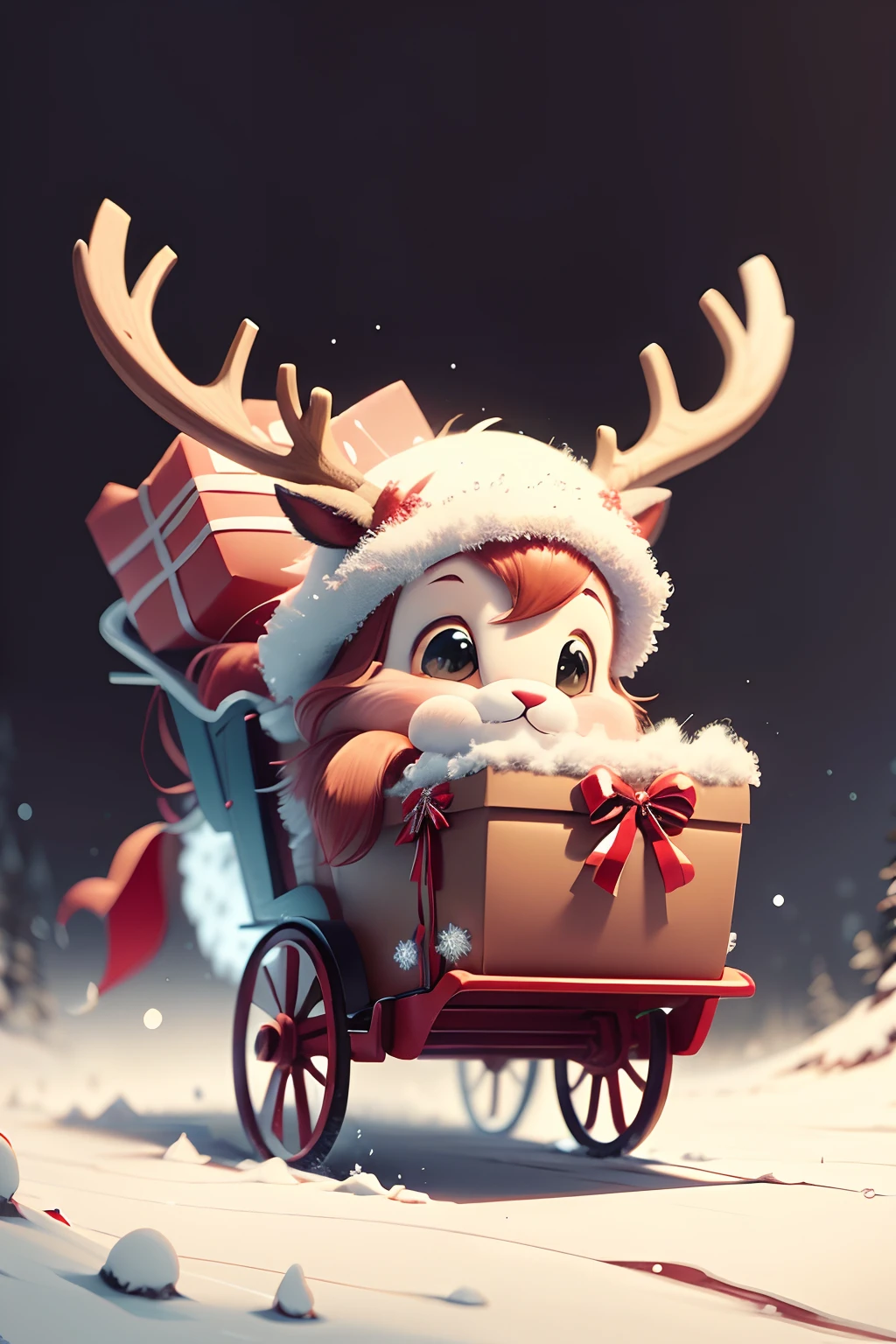 A cartoon style of a cute and beautiful reindeer with red scraft delivering christmas presents to children around the world, isolated white background, printable
